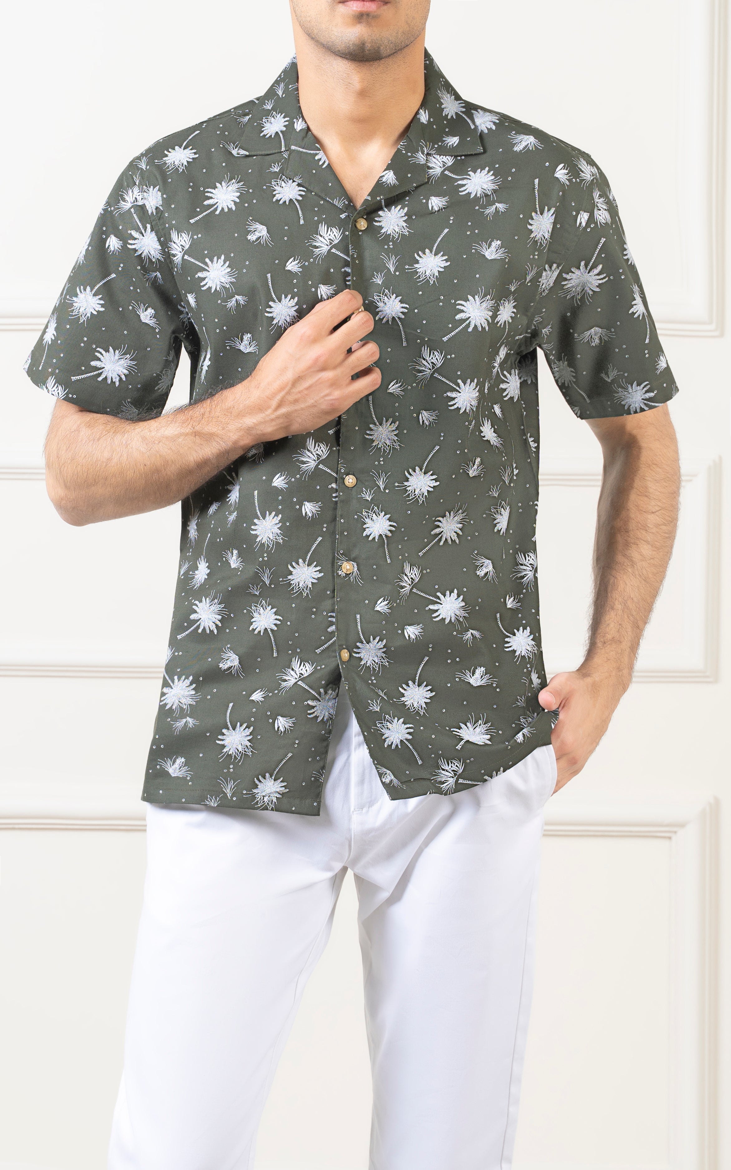 CASUAL SHIRT CUBAN COLLAR  OLIVE