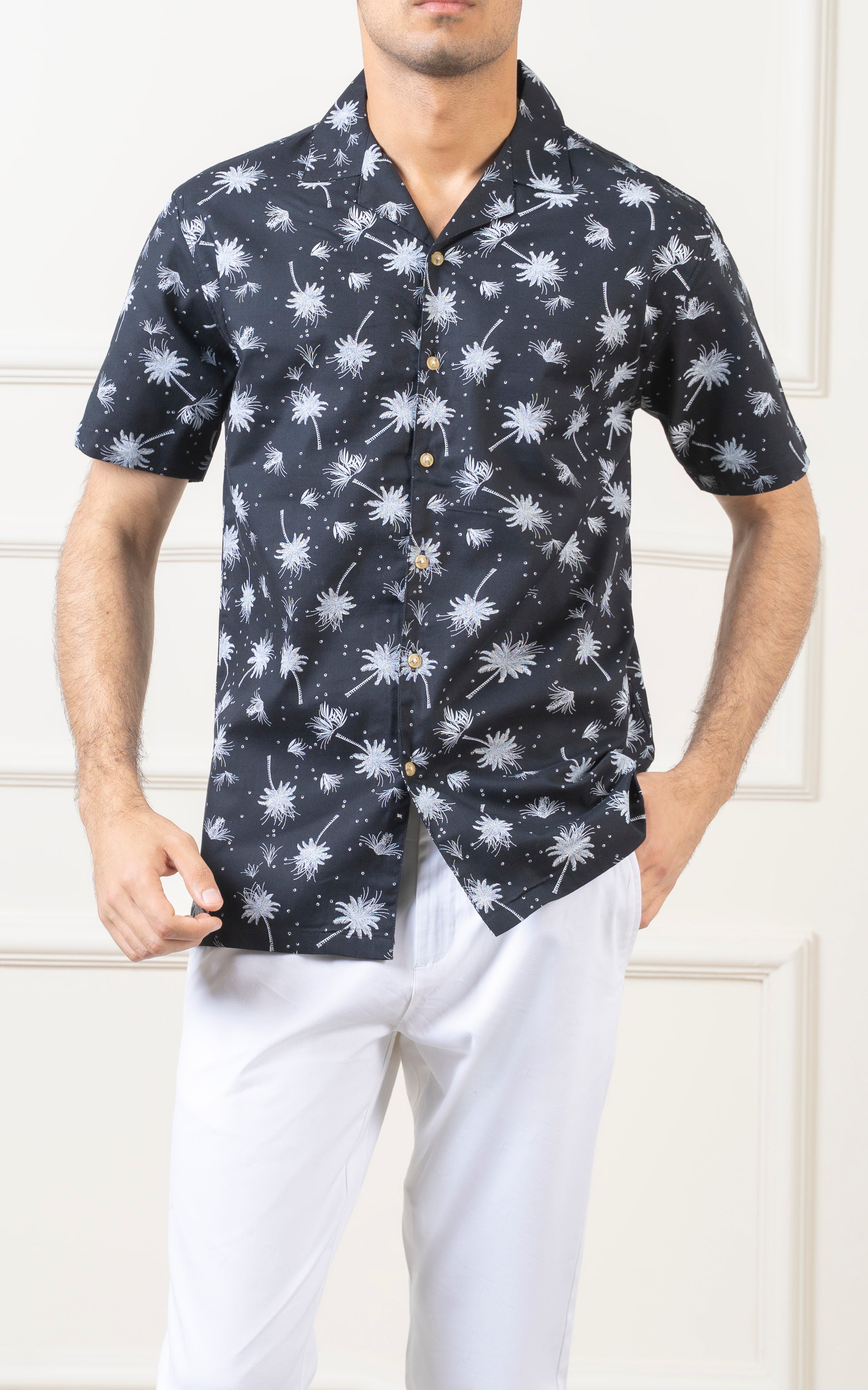 CASUAL SHIRT CUBAN COLLAR BLACK PRINTED