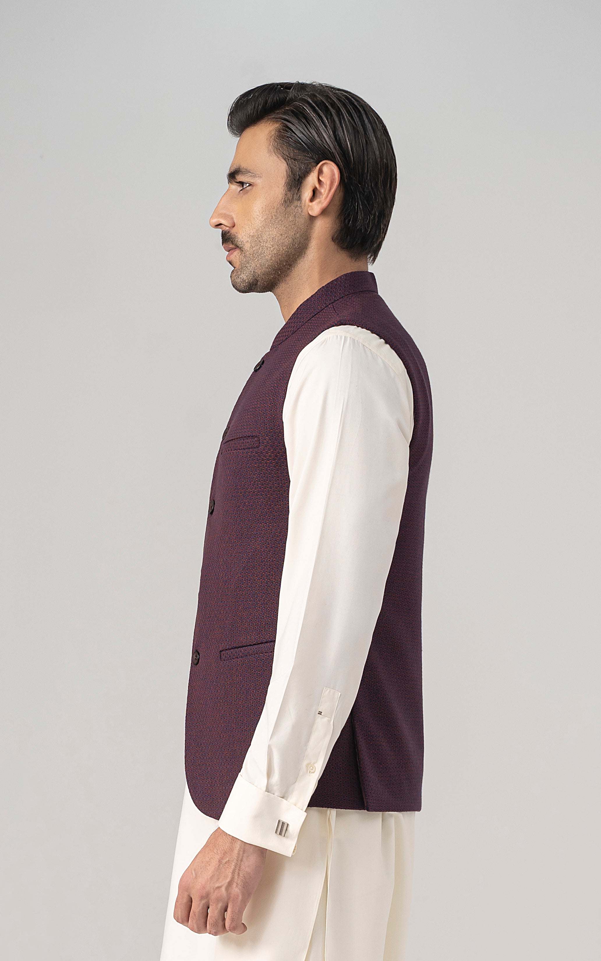 Maroon textured wool-blend waistcoat with side profile and flap chest pocket