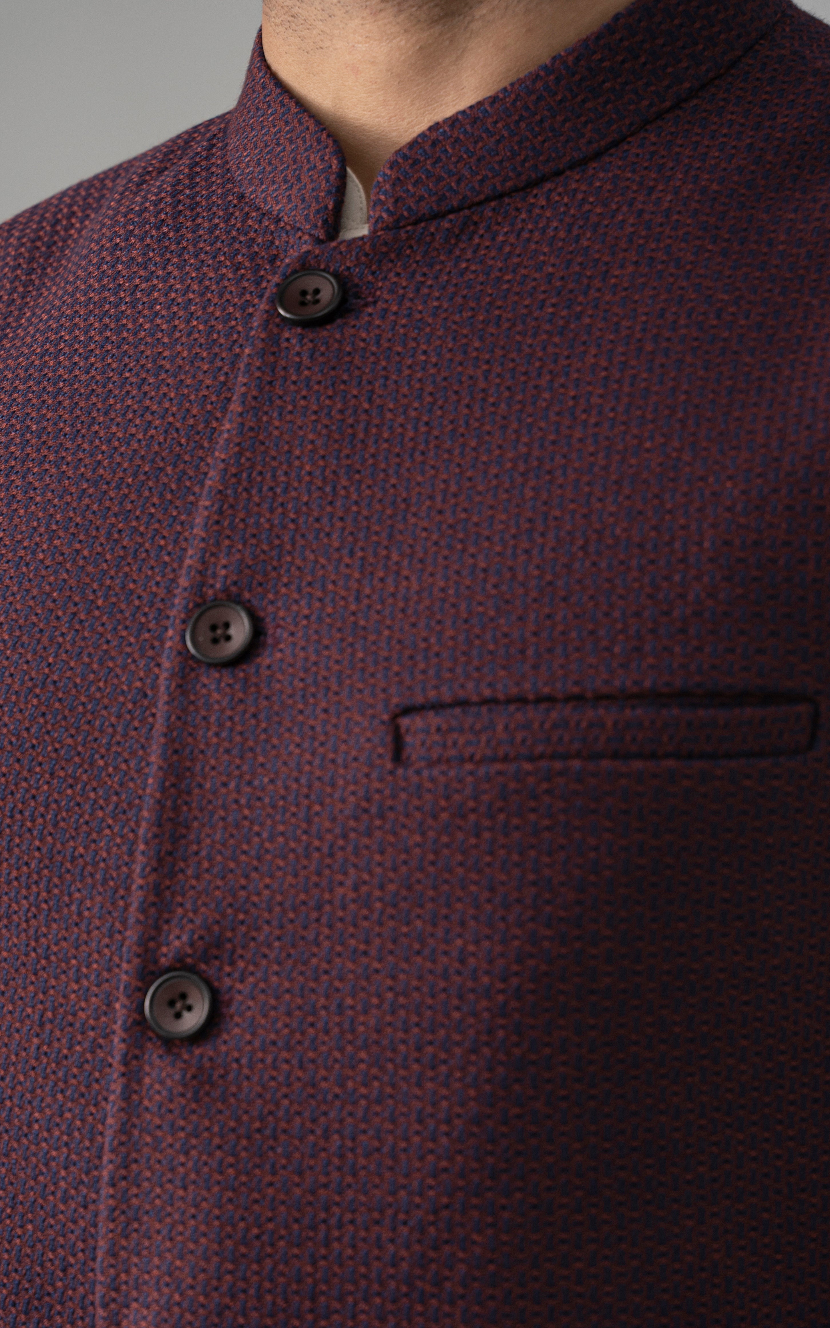 Maroon textured wool-blend waistcoat with buttoned collar and chest pocket
