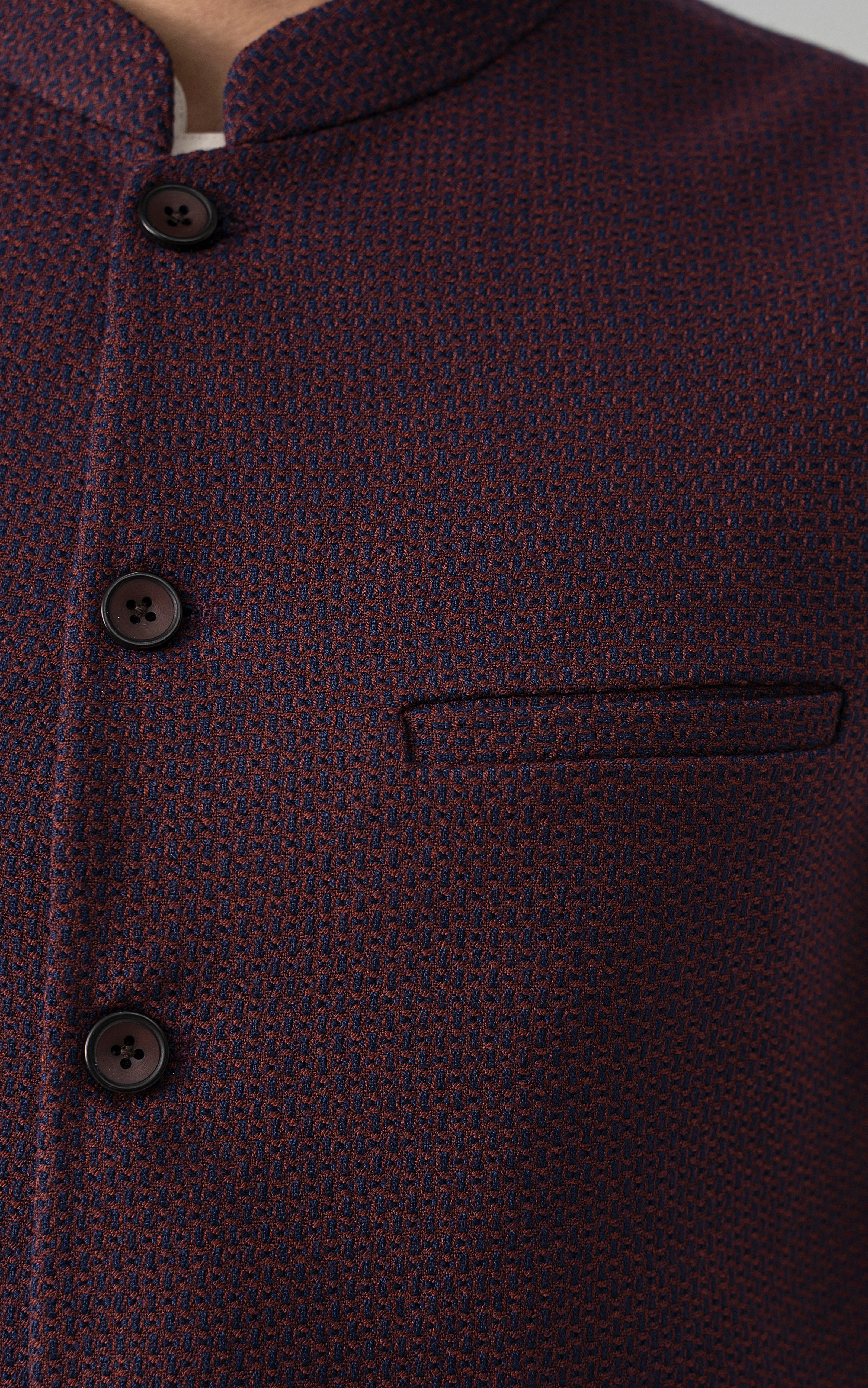 Maroon textured wool-blend waistcoat with button placket and chest pocket