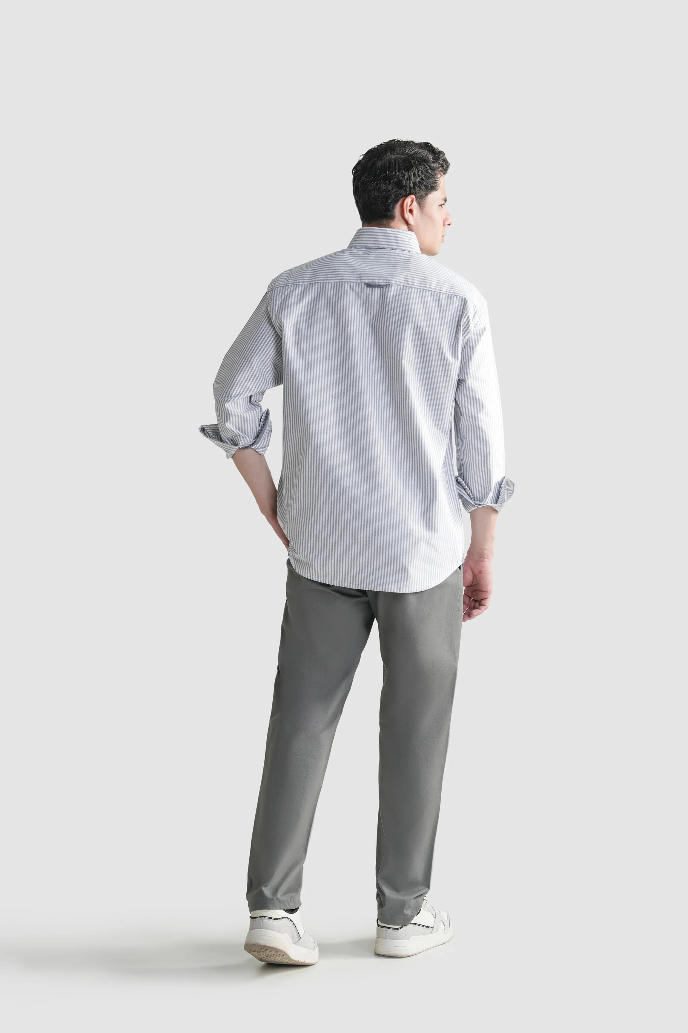 Men's button-down striped casual shirt, light blue and white, back view