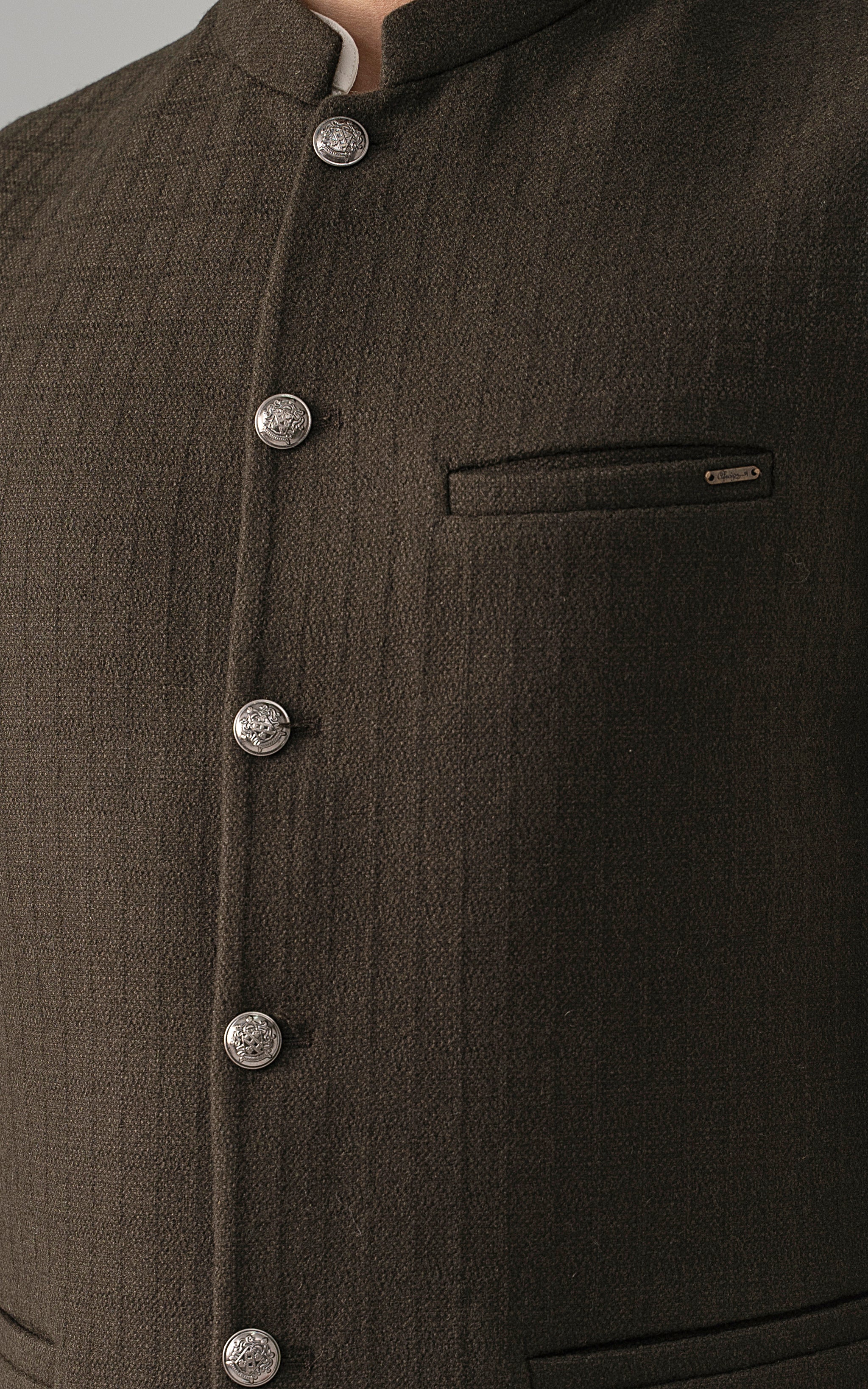Textured dark olive waistcoat with metal buttons and chest welt pocket