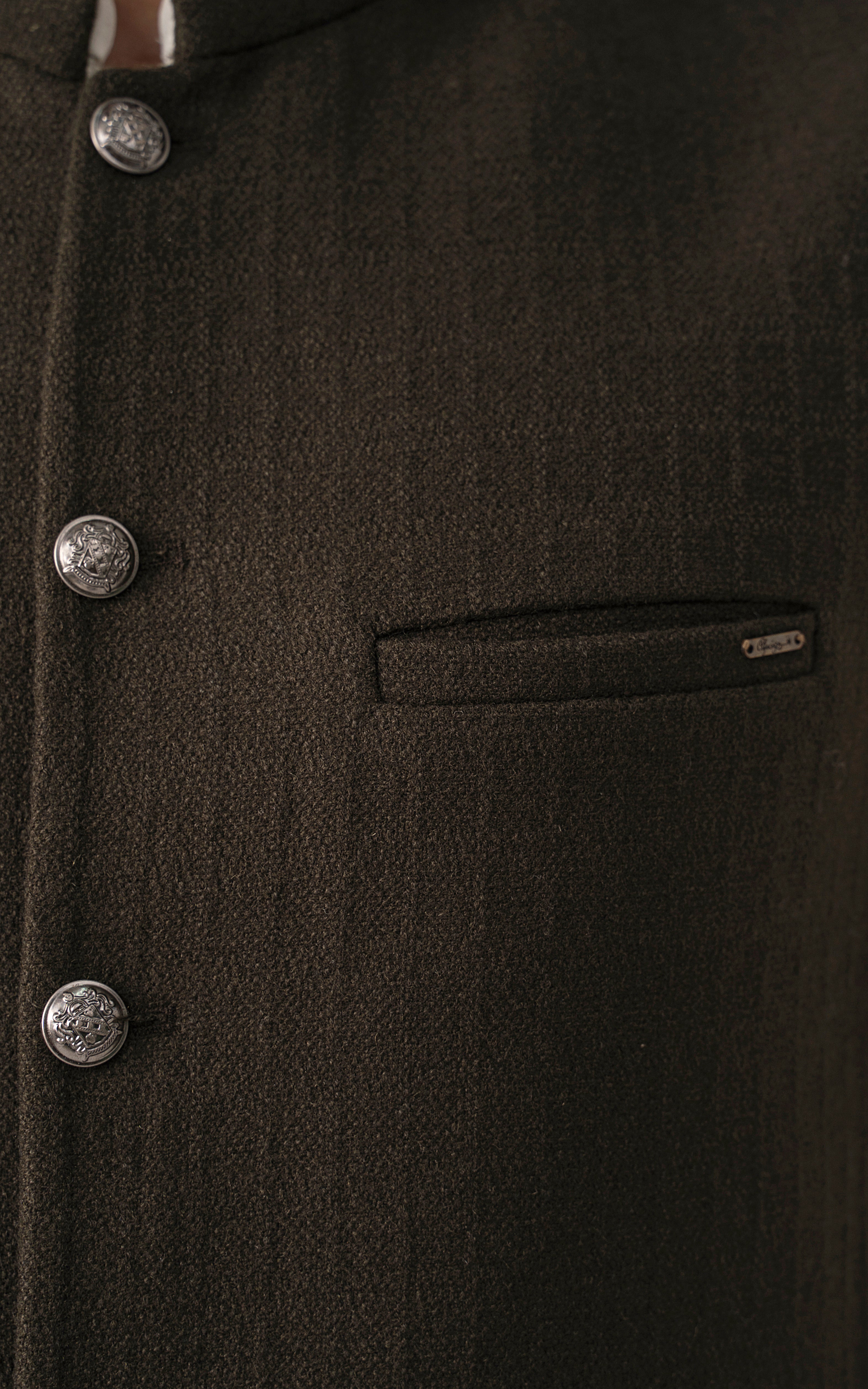 Dark olive textured waistcoat with metal button, chest welt pocket, and collar