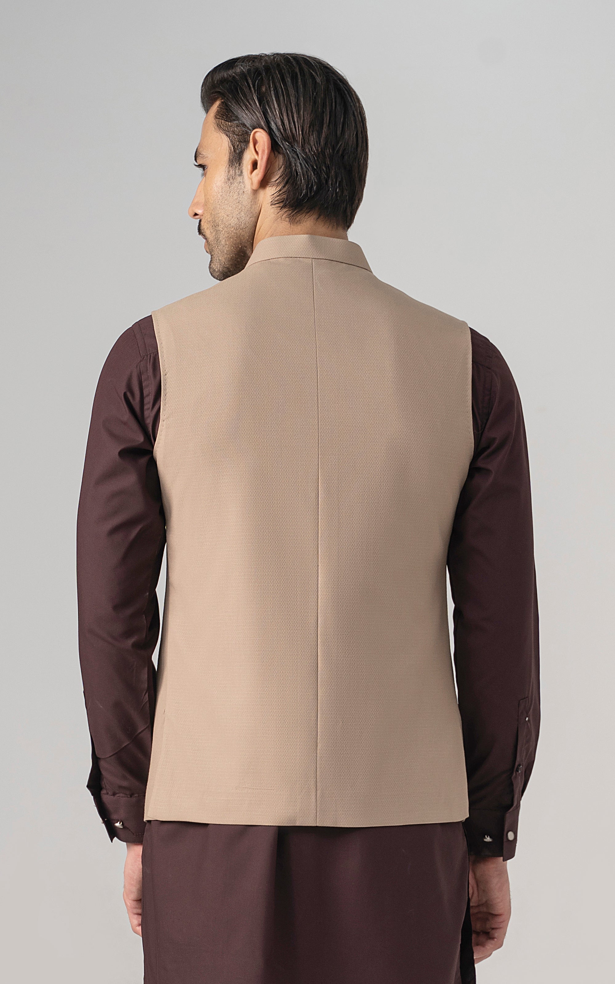 Khaki textured waistcoat back view with clean yoke and seam lines