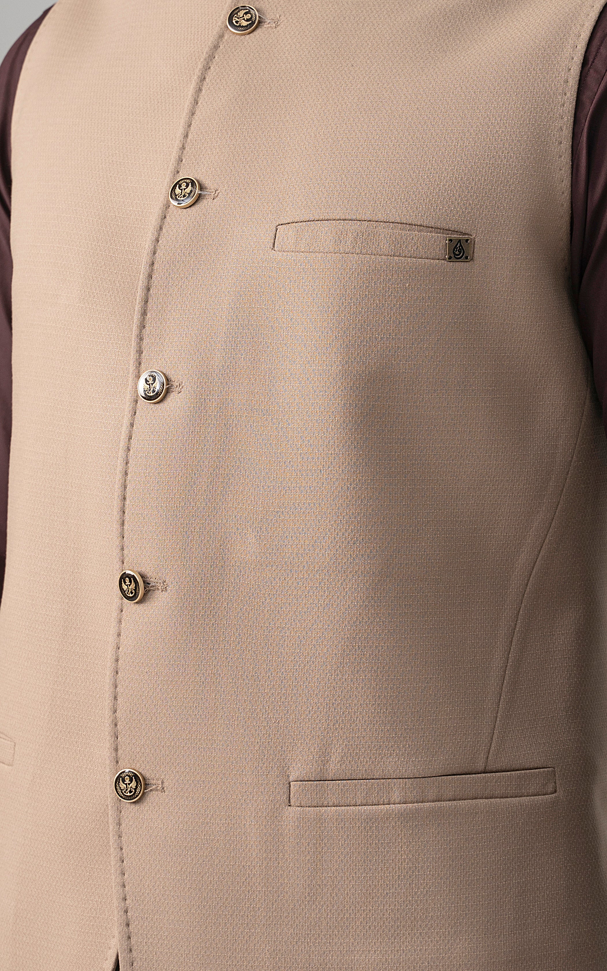 Khaki textured waistcoat front with button placket and chest pocket