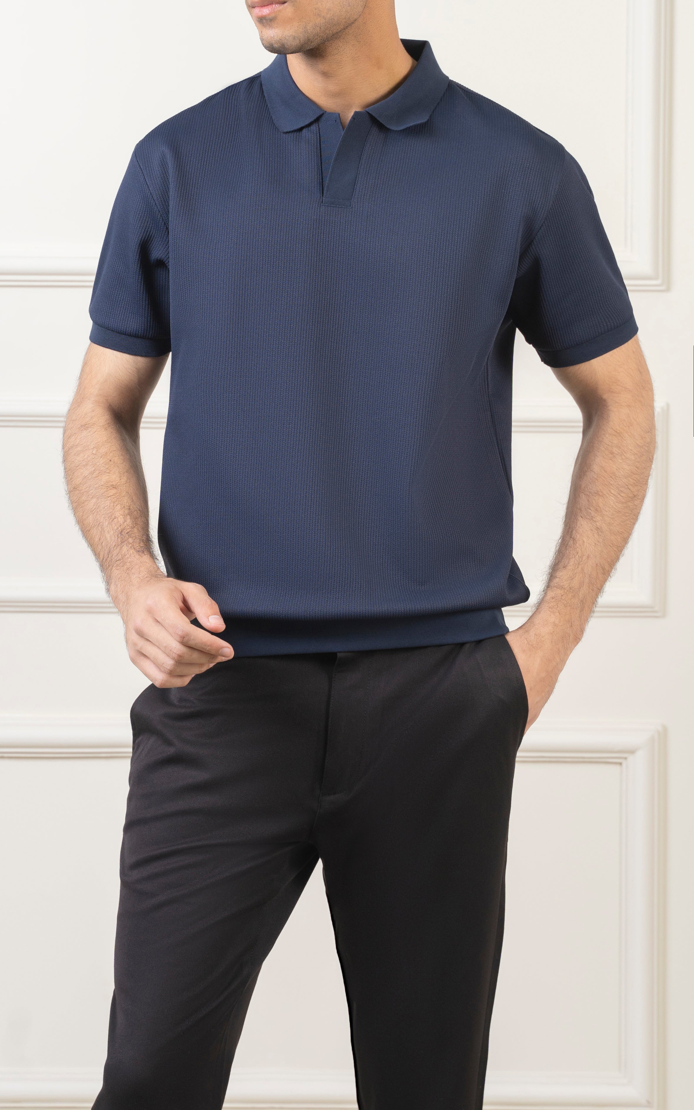 SOLID COLLAR V NECK POLO NAVY