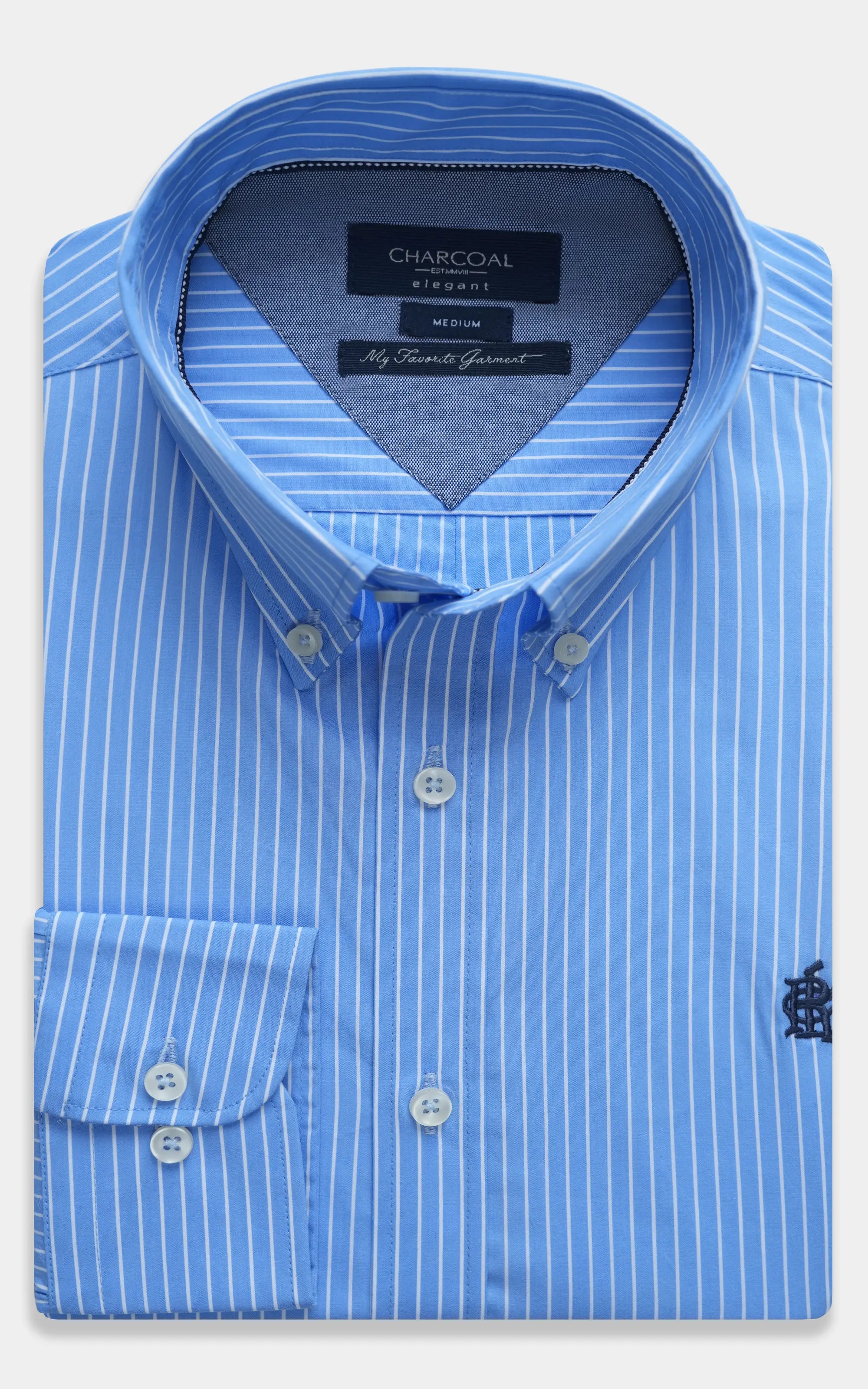 Light blue striped dress shirt with button-down collar and front buttons