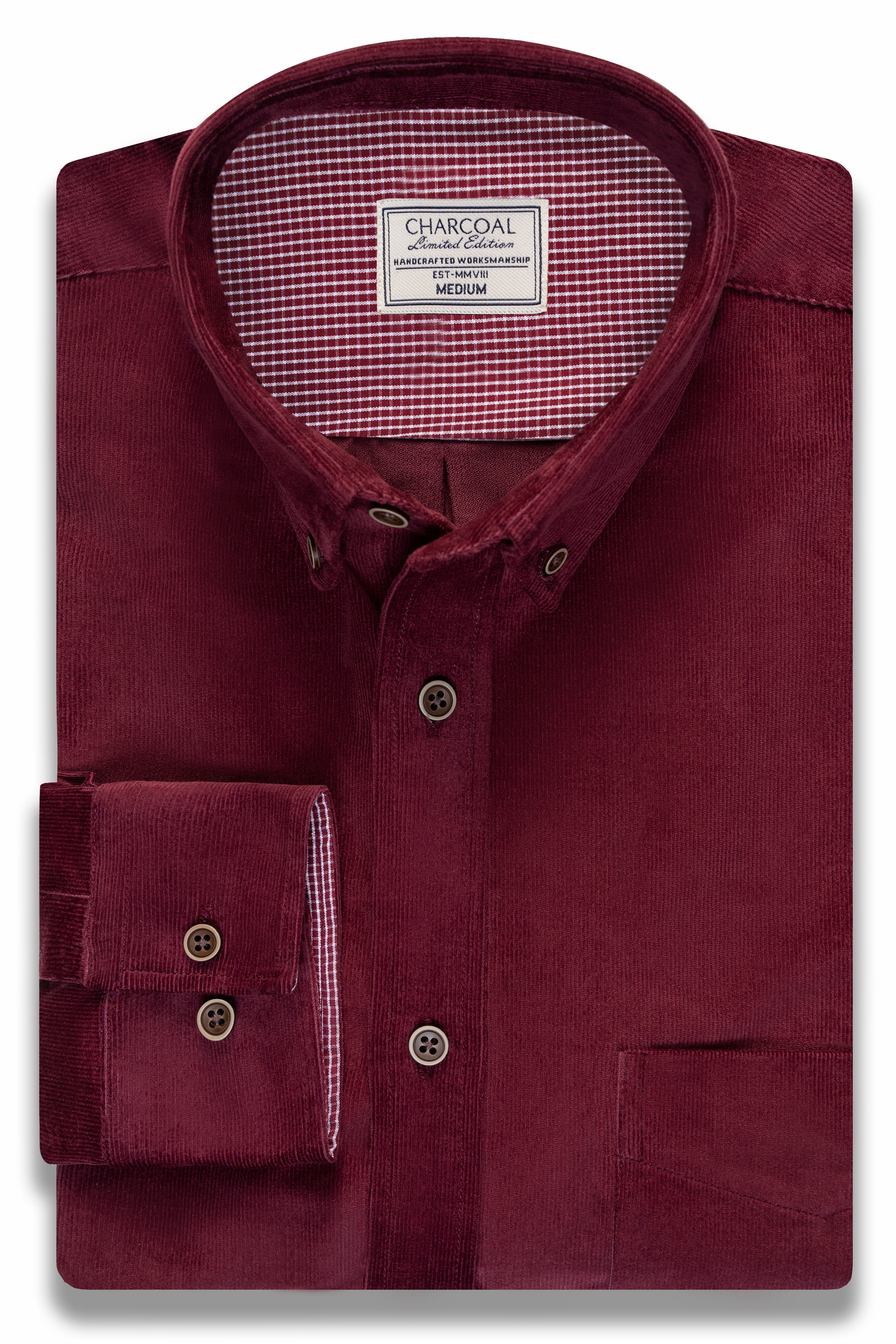 Wine red corduroy shirt front with pocket, buttons, and inner check label