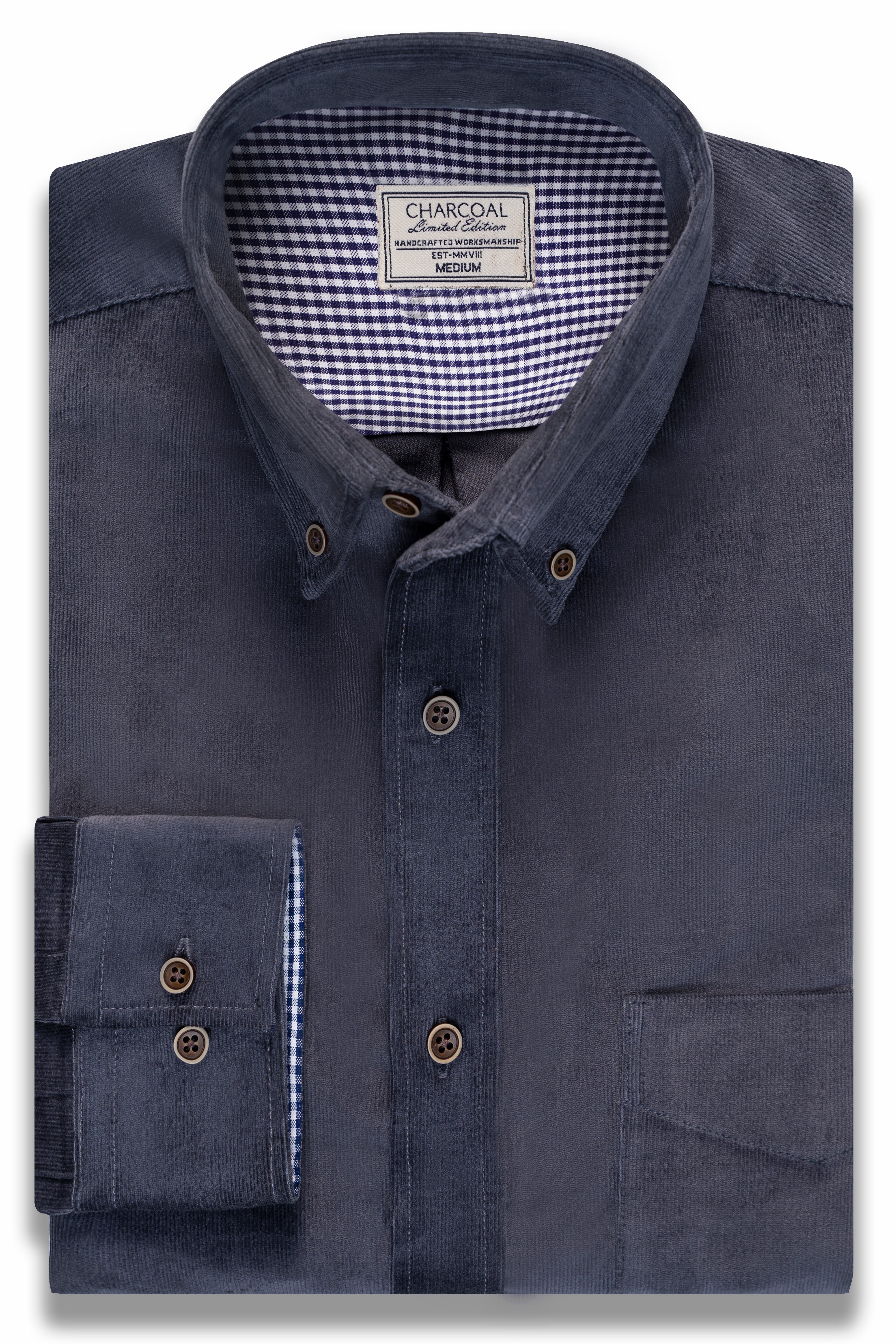 Grey corduroy button-front shirt with chest pocket and check inner collar label