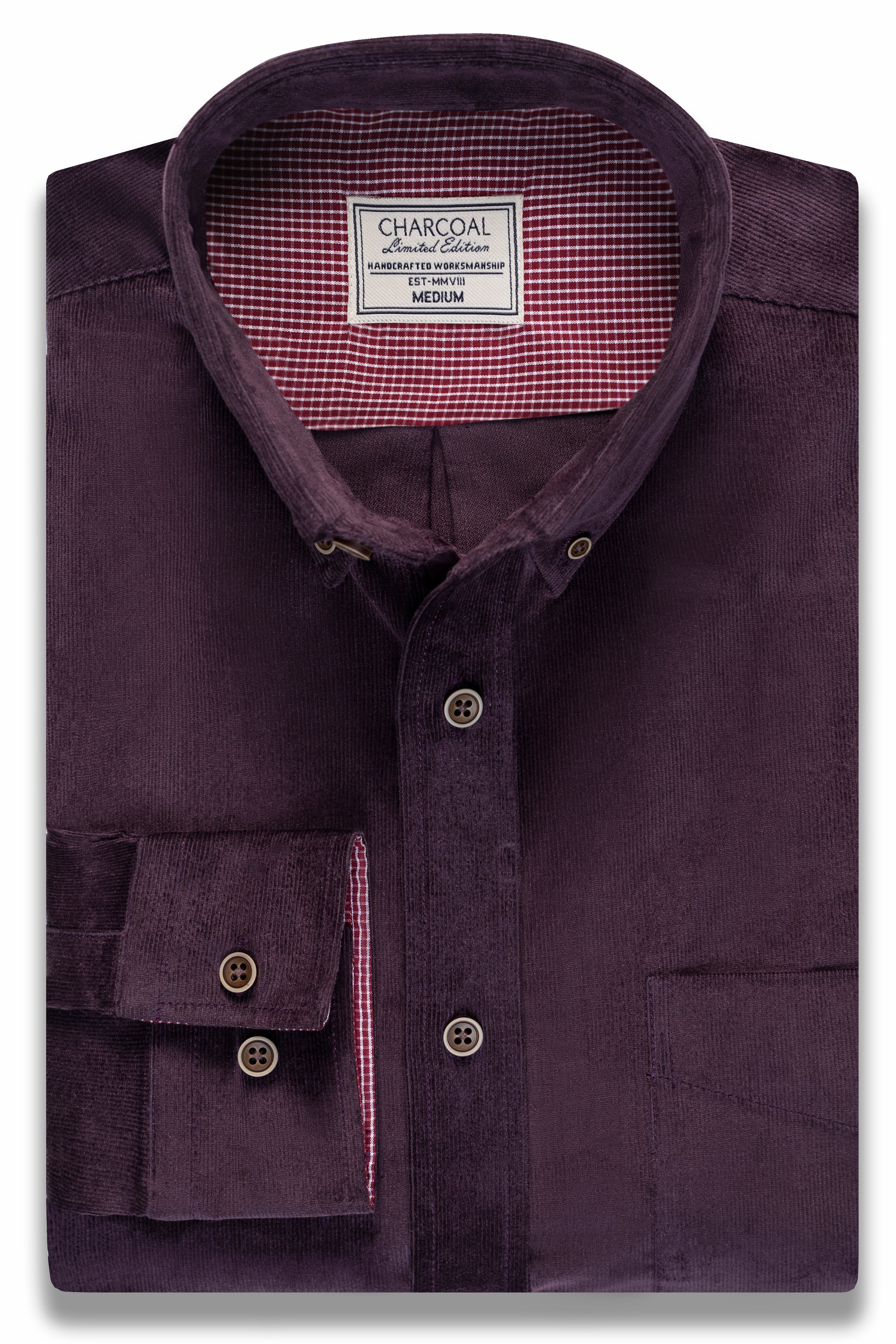 Corduroy shirt in dark plum with button-down collar and chest pocket, long sleeves