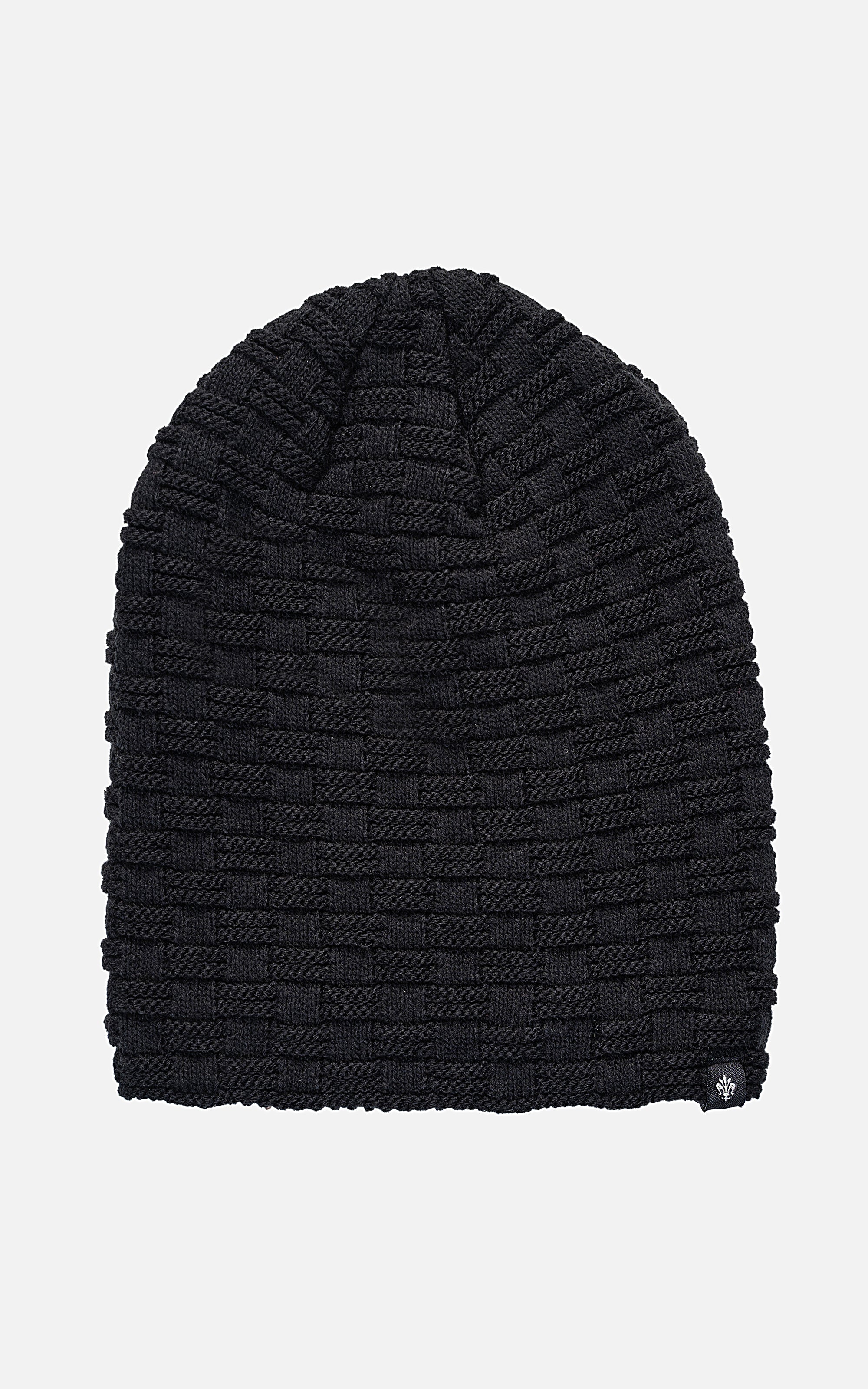 Dark wool cap beanie with chunky knit pattern and stitched hem