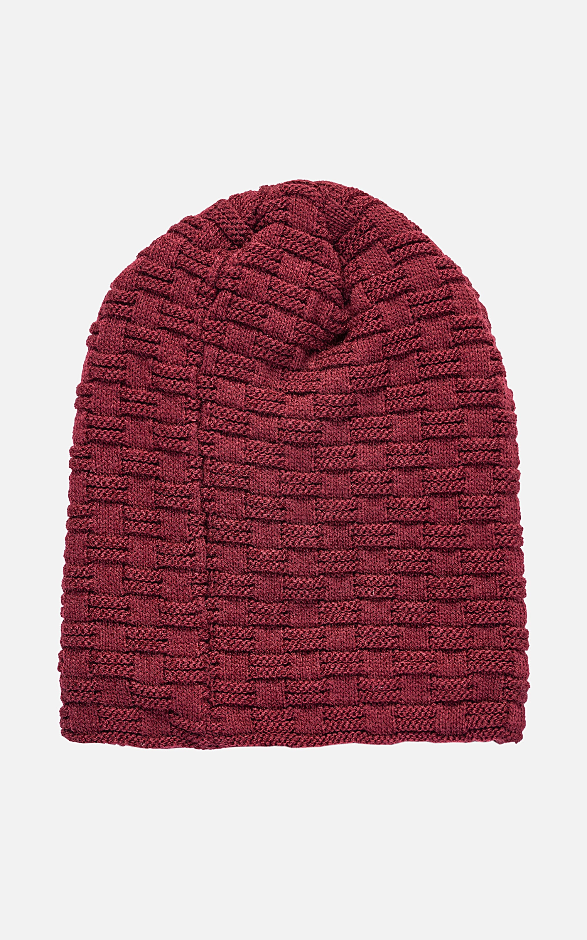 Wool beanie hat in dark maroon with textured stitch knit and folded cuff