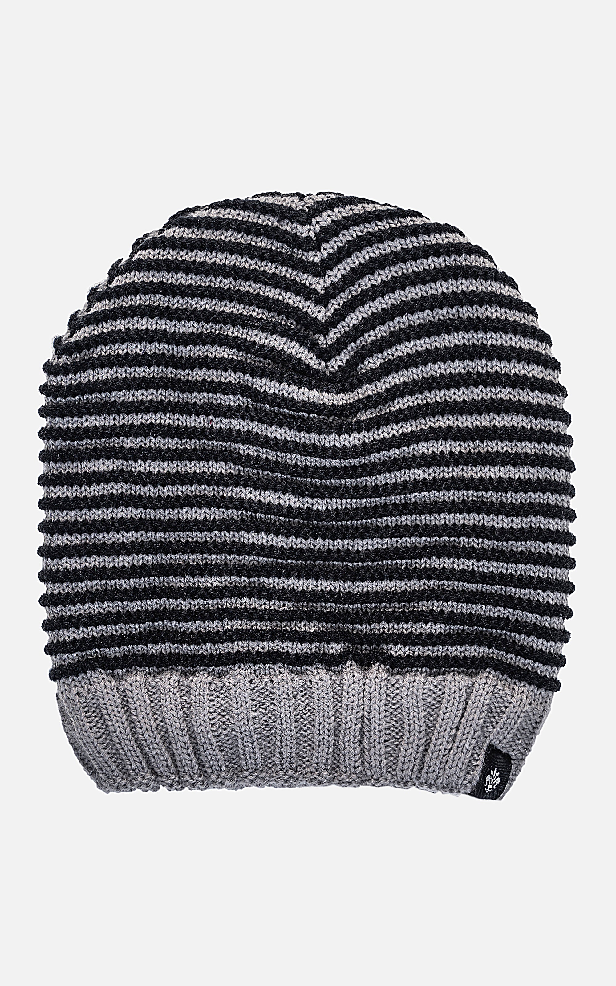 Wool cap knit beanie with navy and white stripes and gray folded ribbed brim