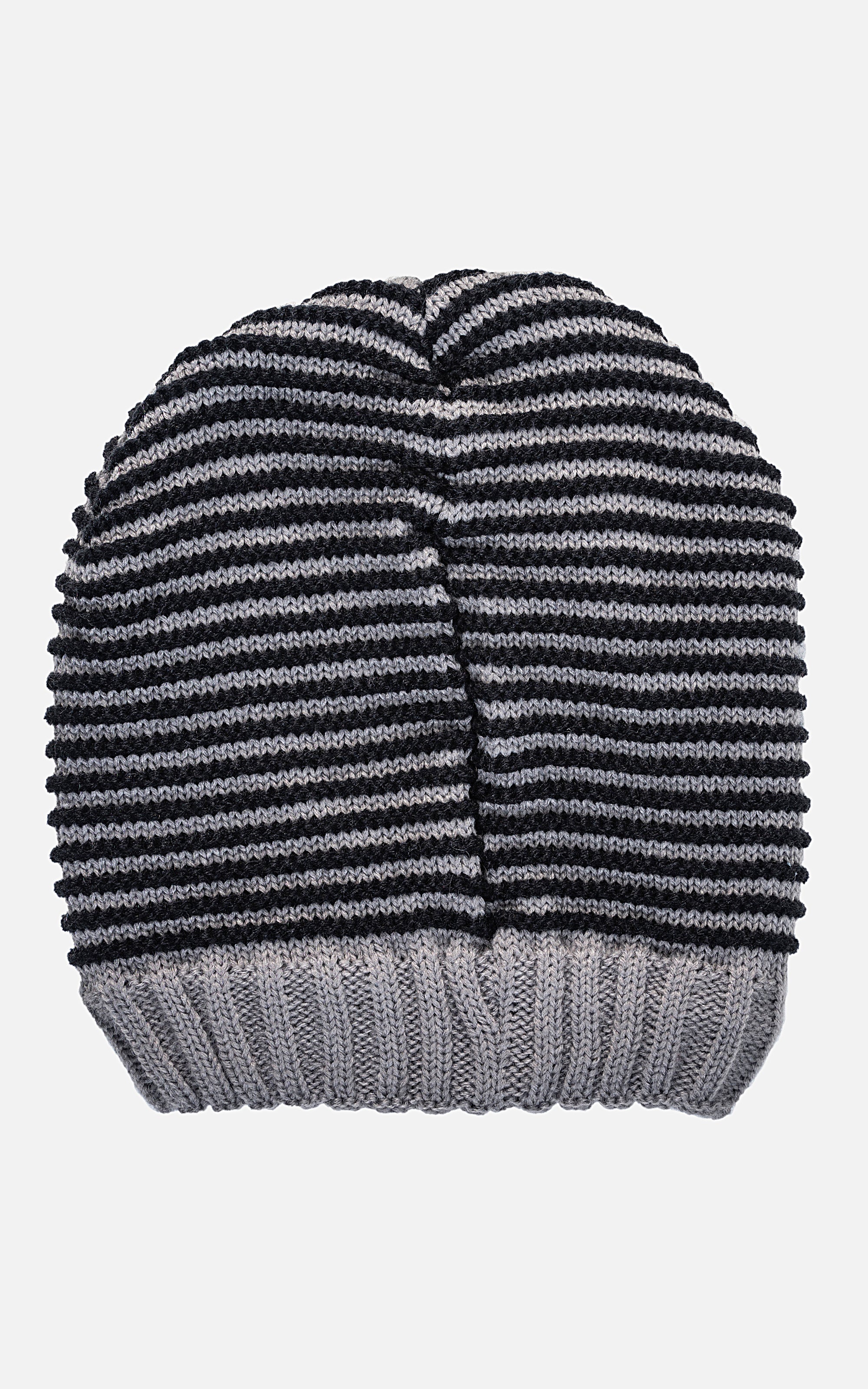 Wool cap with navy and white horizontal stripes, ribbed knit cuff in gray