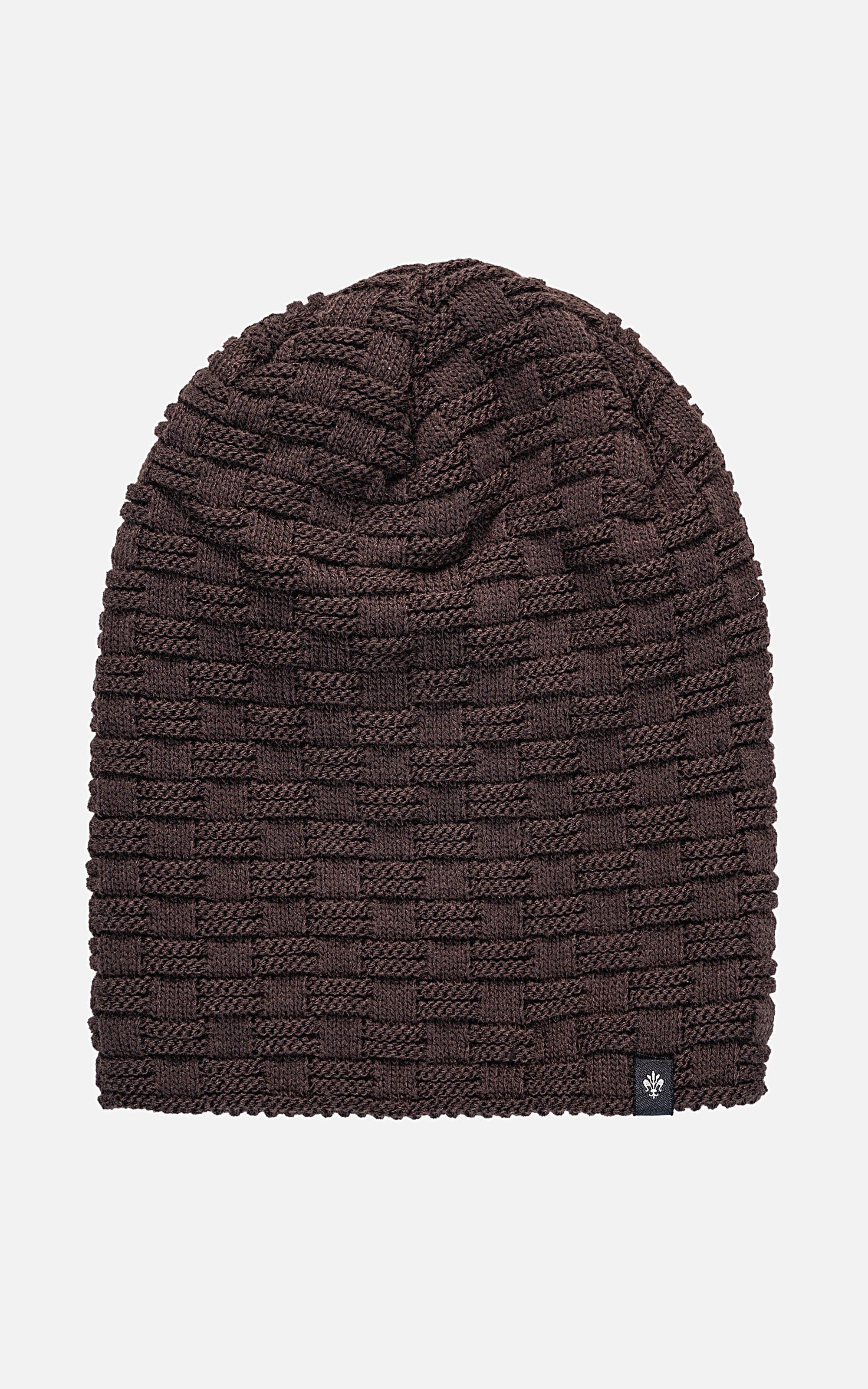 Dark brown wool knit beanie cap with textured wave stripe pattern