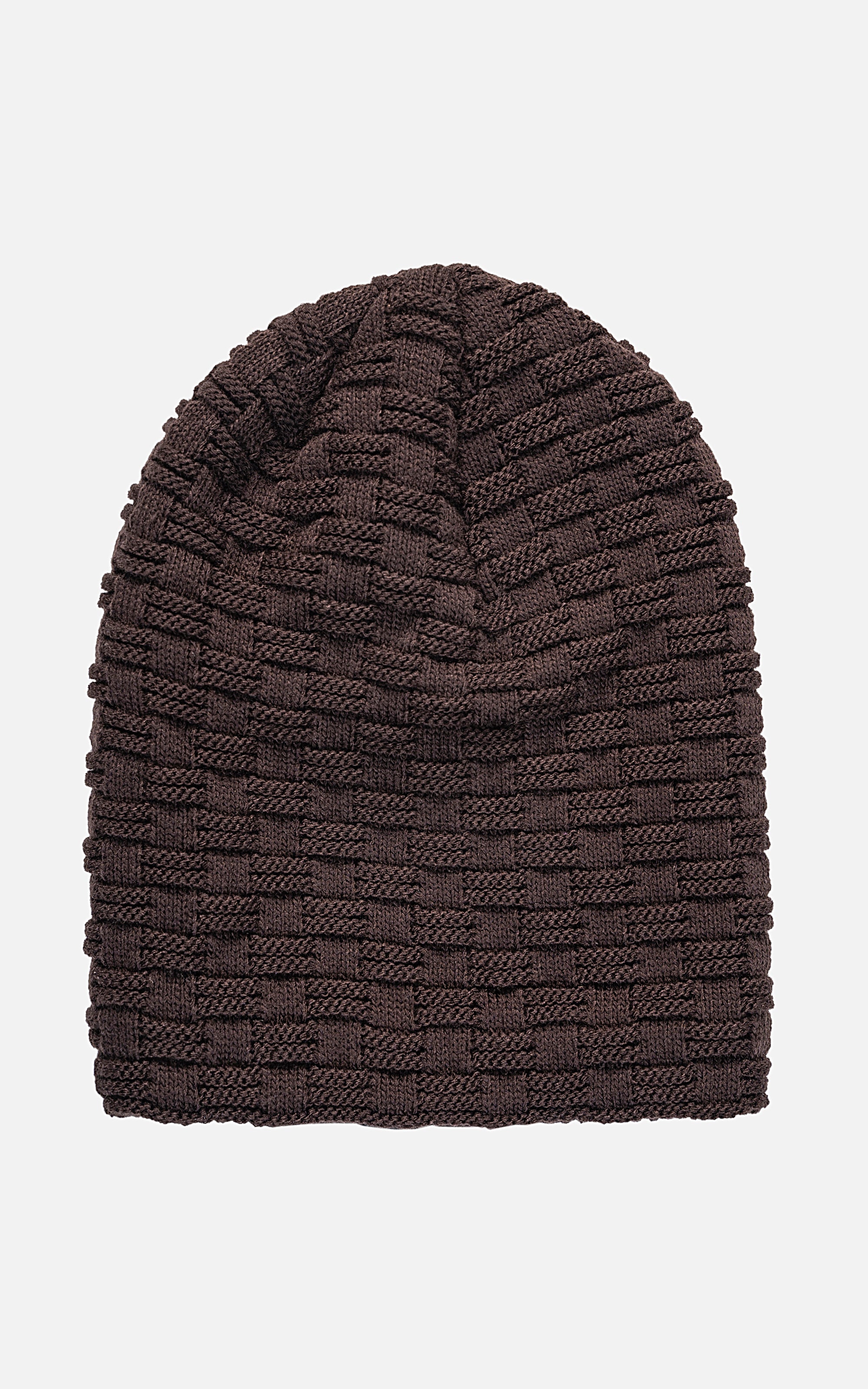 Dark brown wool knit beanie cap with patterned rib texture and cuff