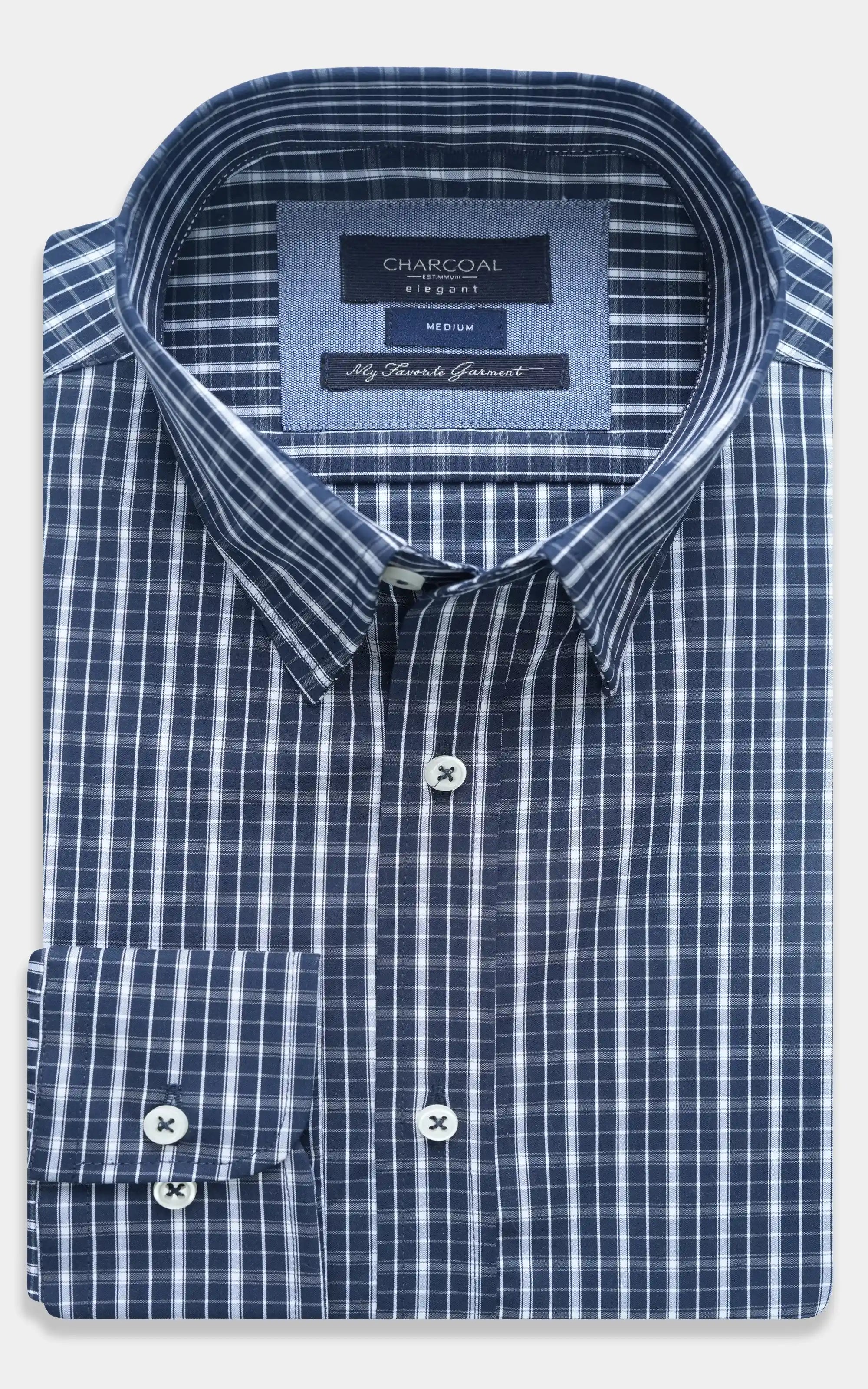 Navy and white check dress shirt with button-down collar and front buttons