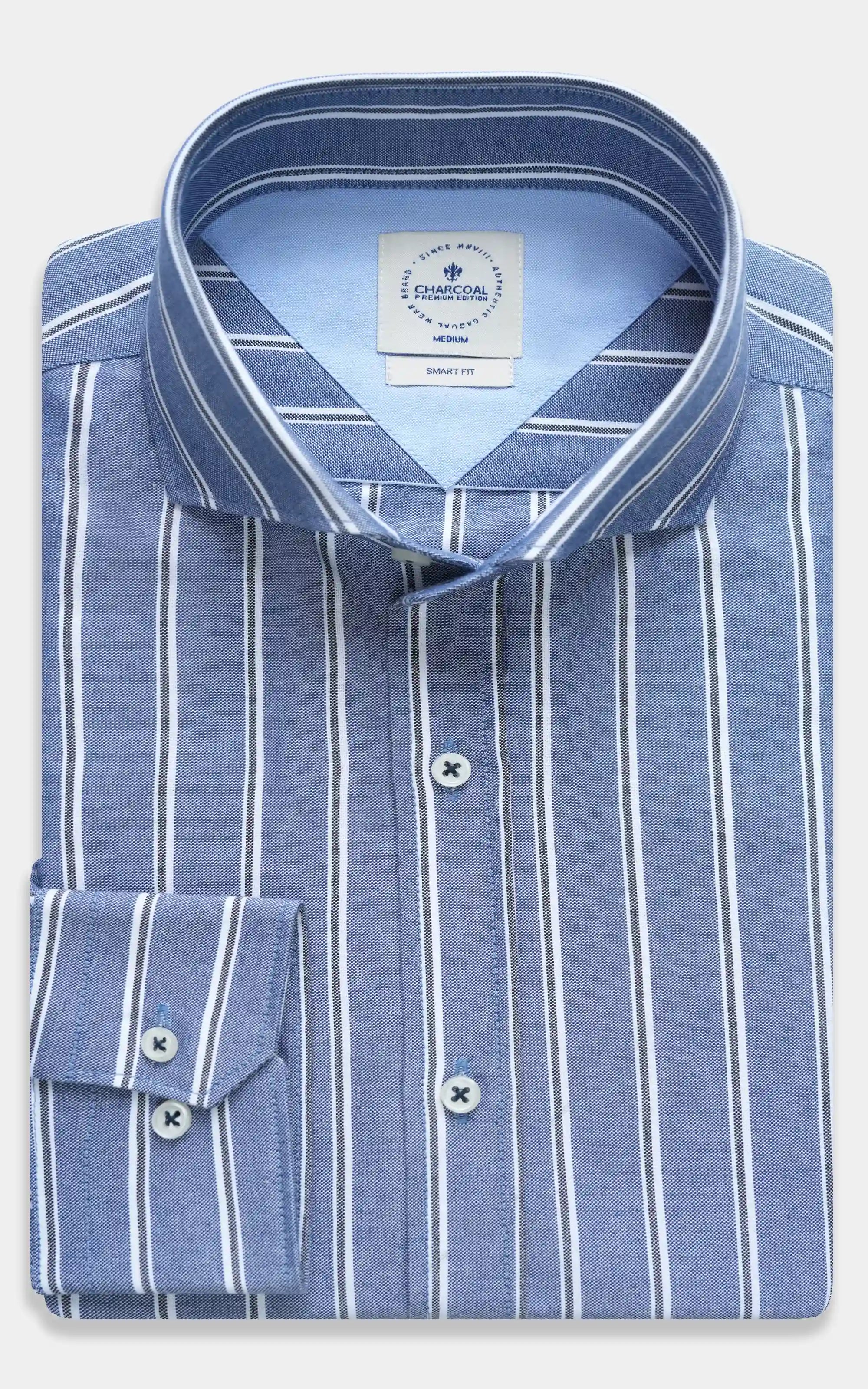 Chambray blue striped smart shirt with French collar and button front
