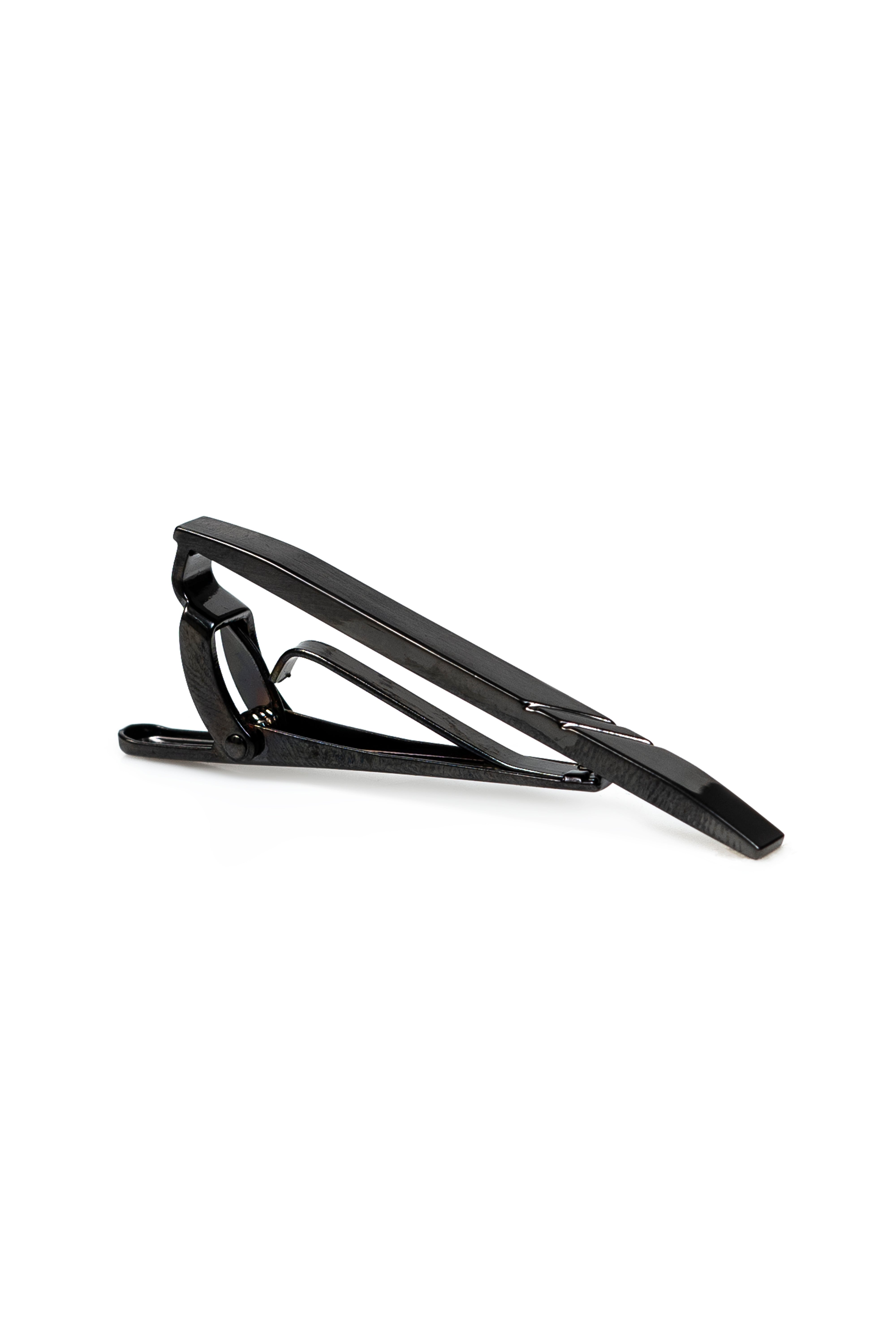 Black tie bar with hinged clip, angled view