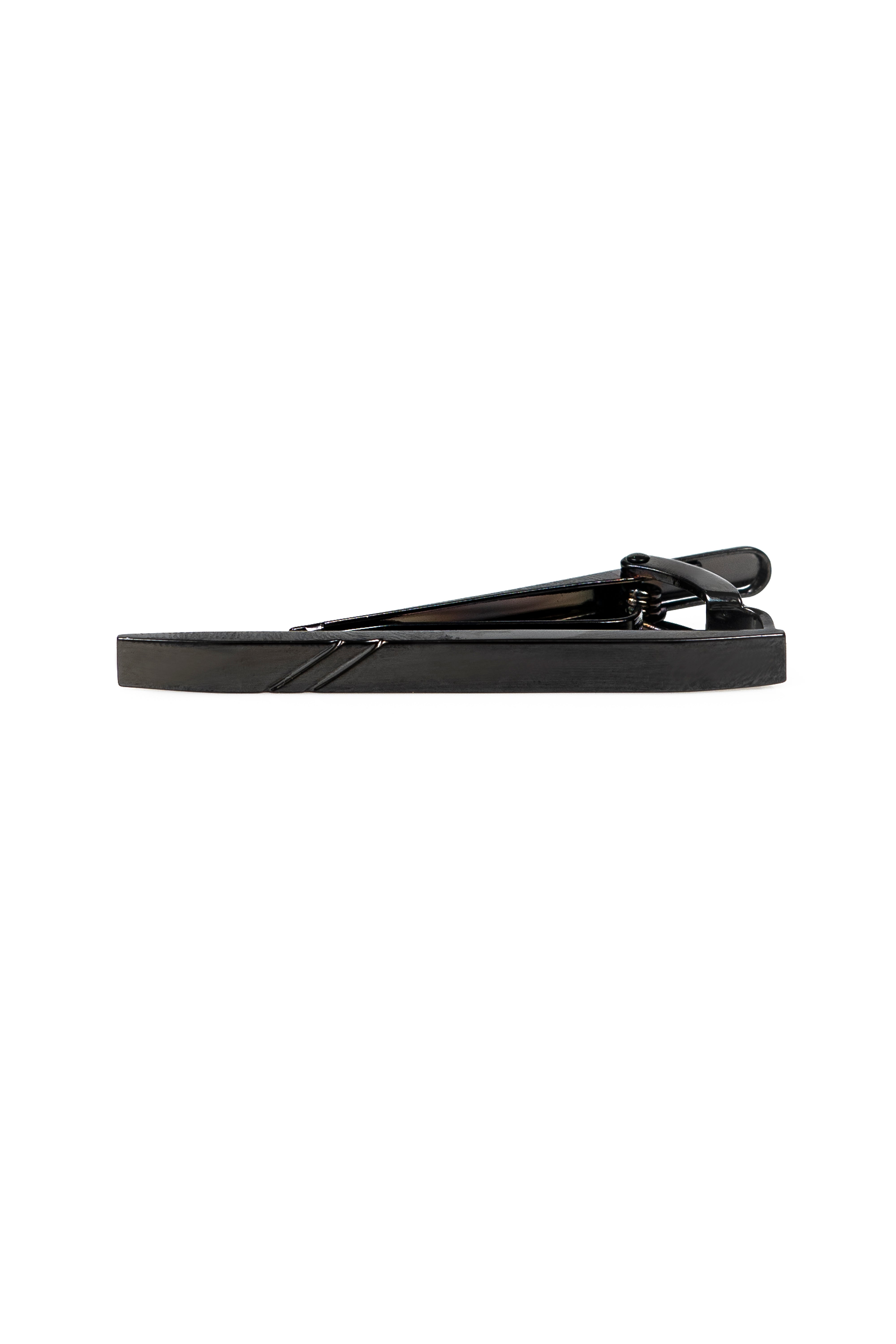 Black tie bar with hinged clip, side view