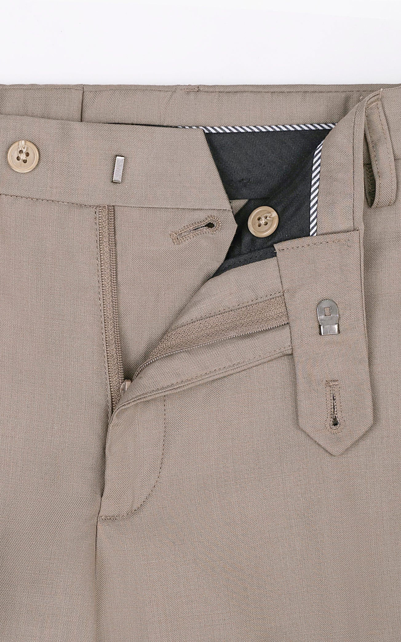 Light khaki dress pants waistband with button closure and zip fly