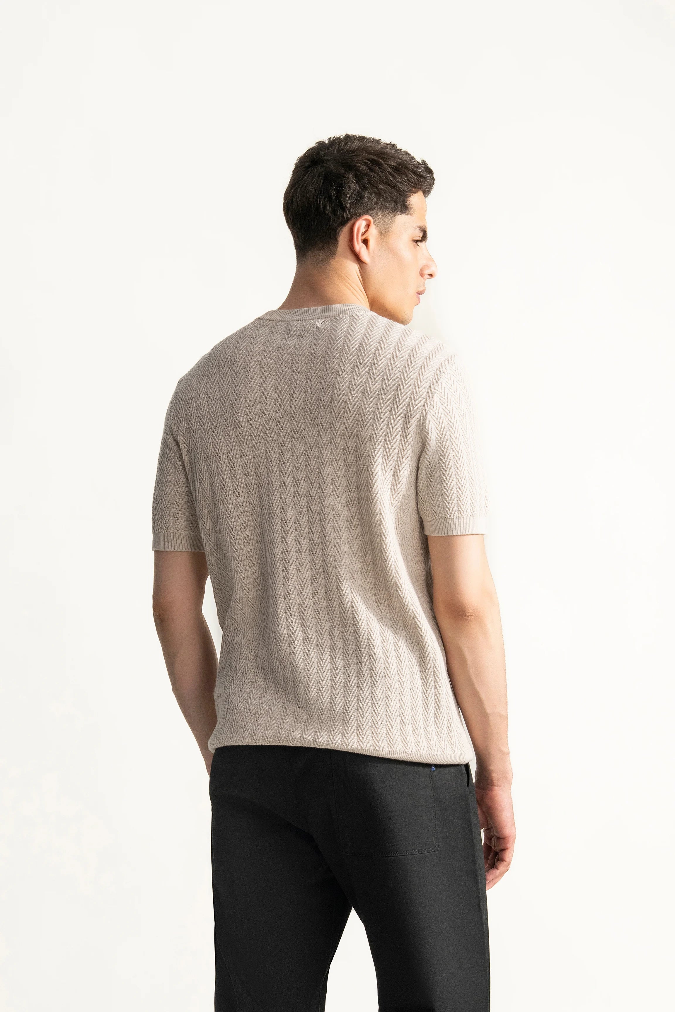 SWEATER KNIT SELF STRIPED CREW NECK T SHIRT BEIGE