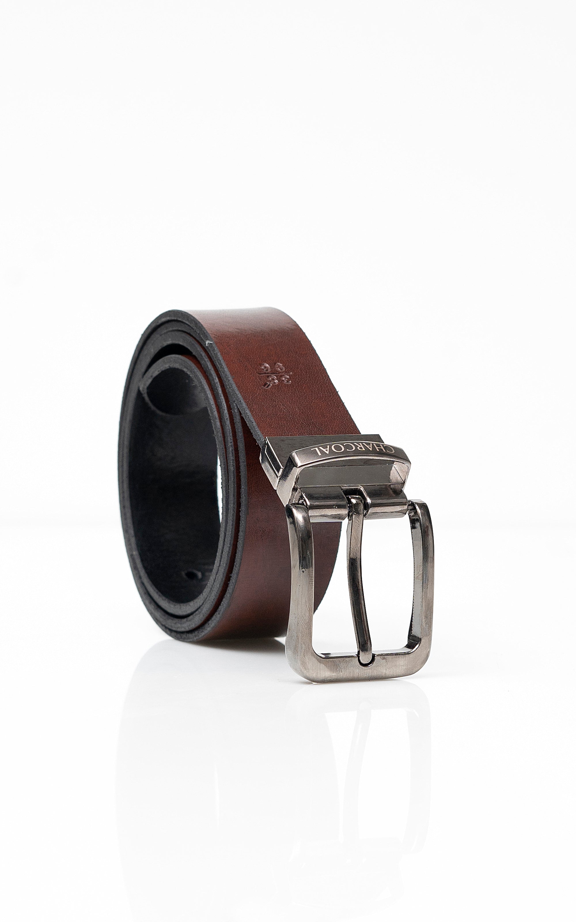 Reversible leather belt, dark brown outer and black lining, silver buckle hardware
