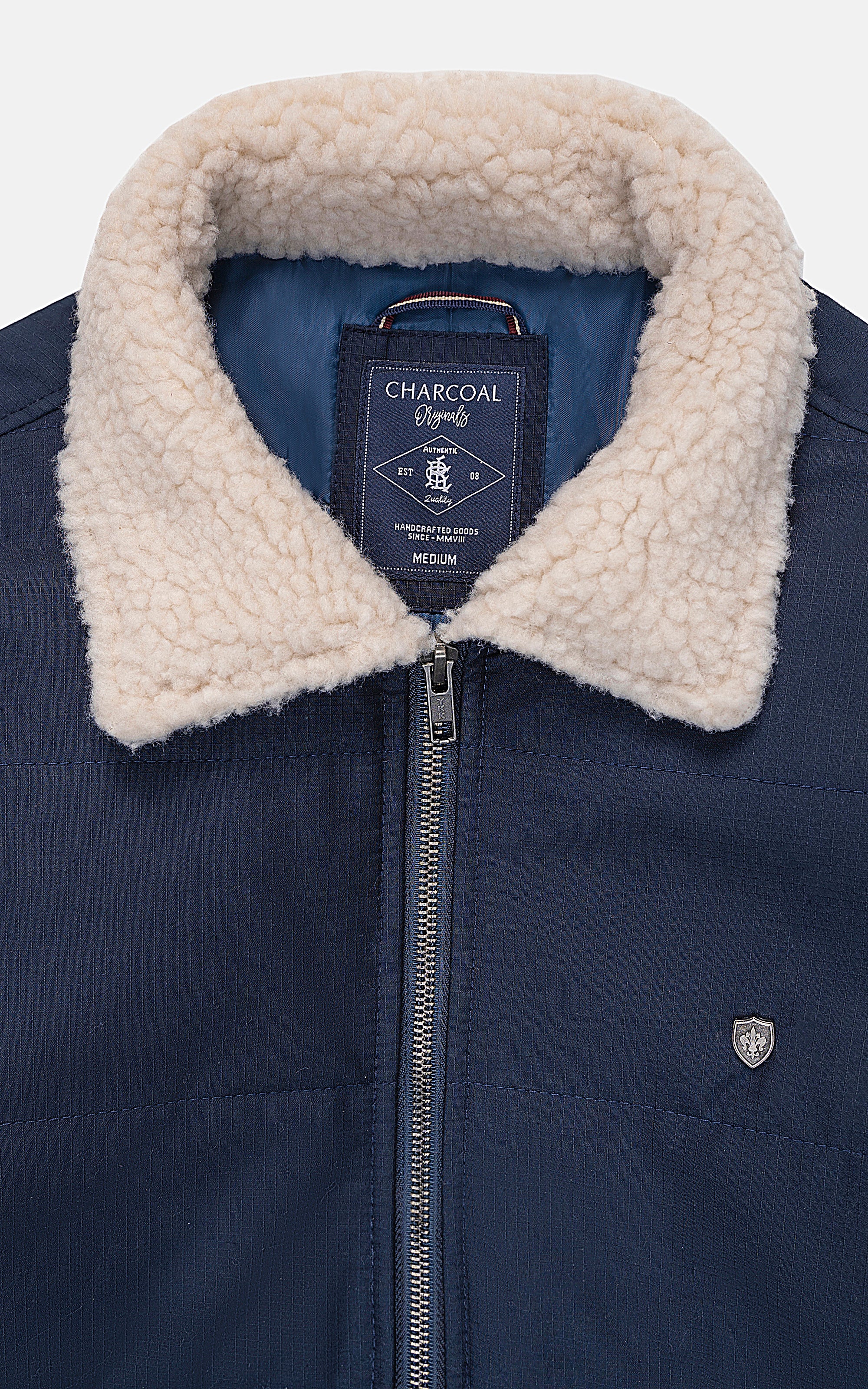 QUILTED FAUX FUR COLLAR JACKET NAVY