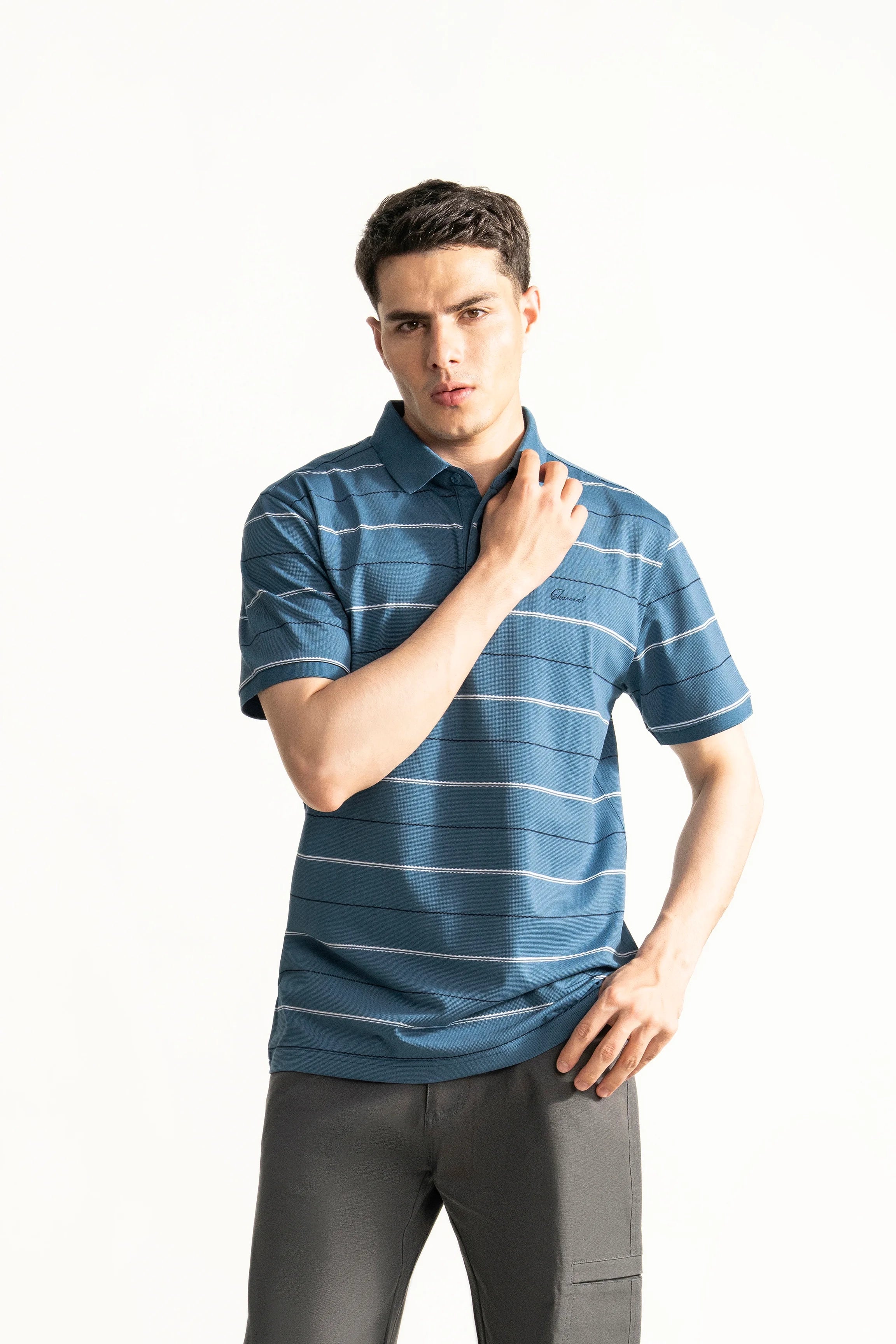 SMART FIT CLASSIC PREMIUM STRIPED POLO SHIRT TEAL BLUE