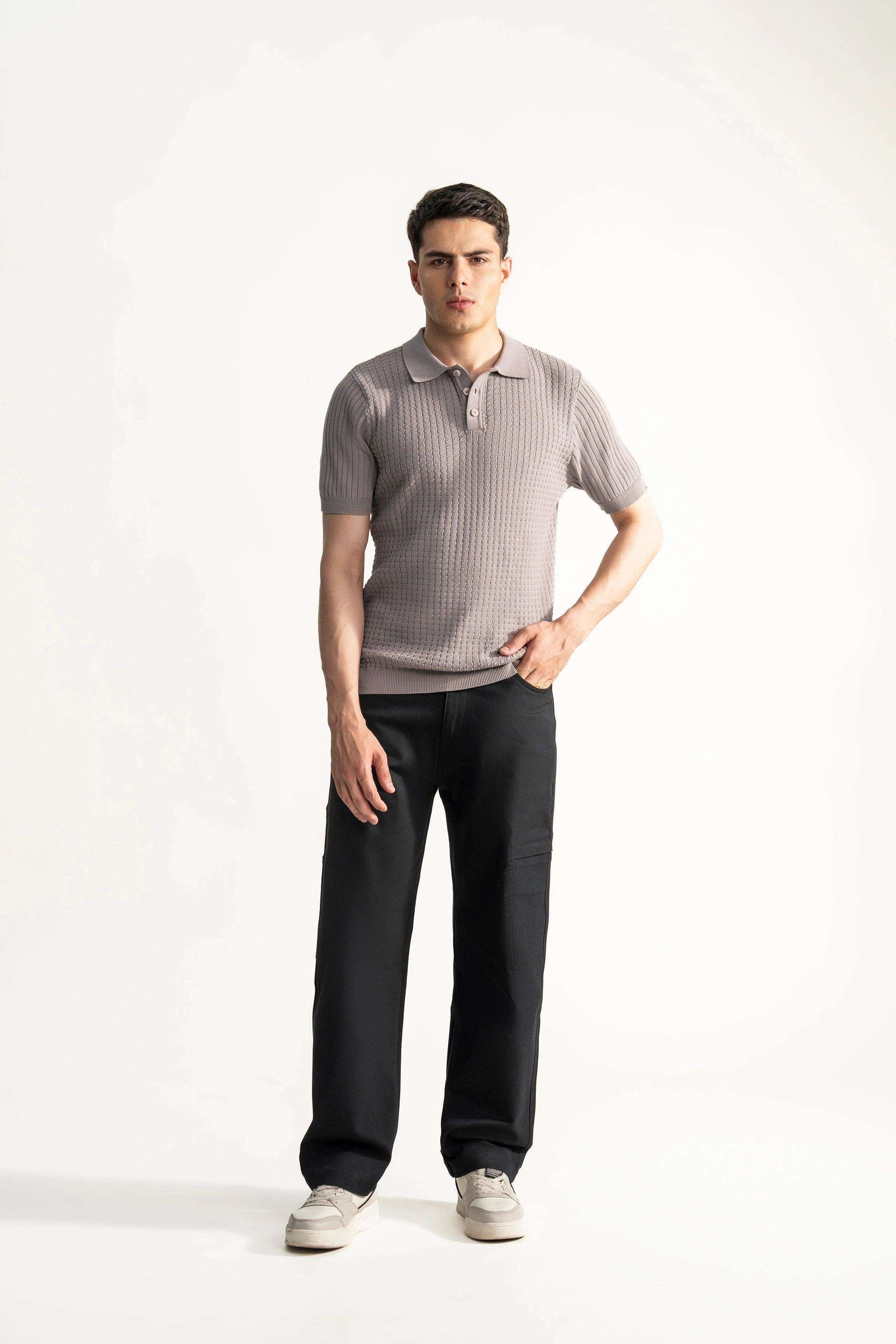 SWEATER KNIT SELF TEXTURED POLO KHAKI