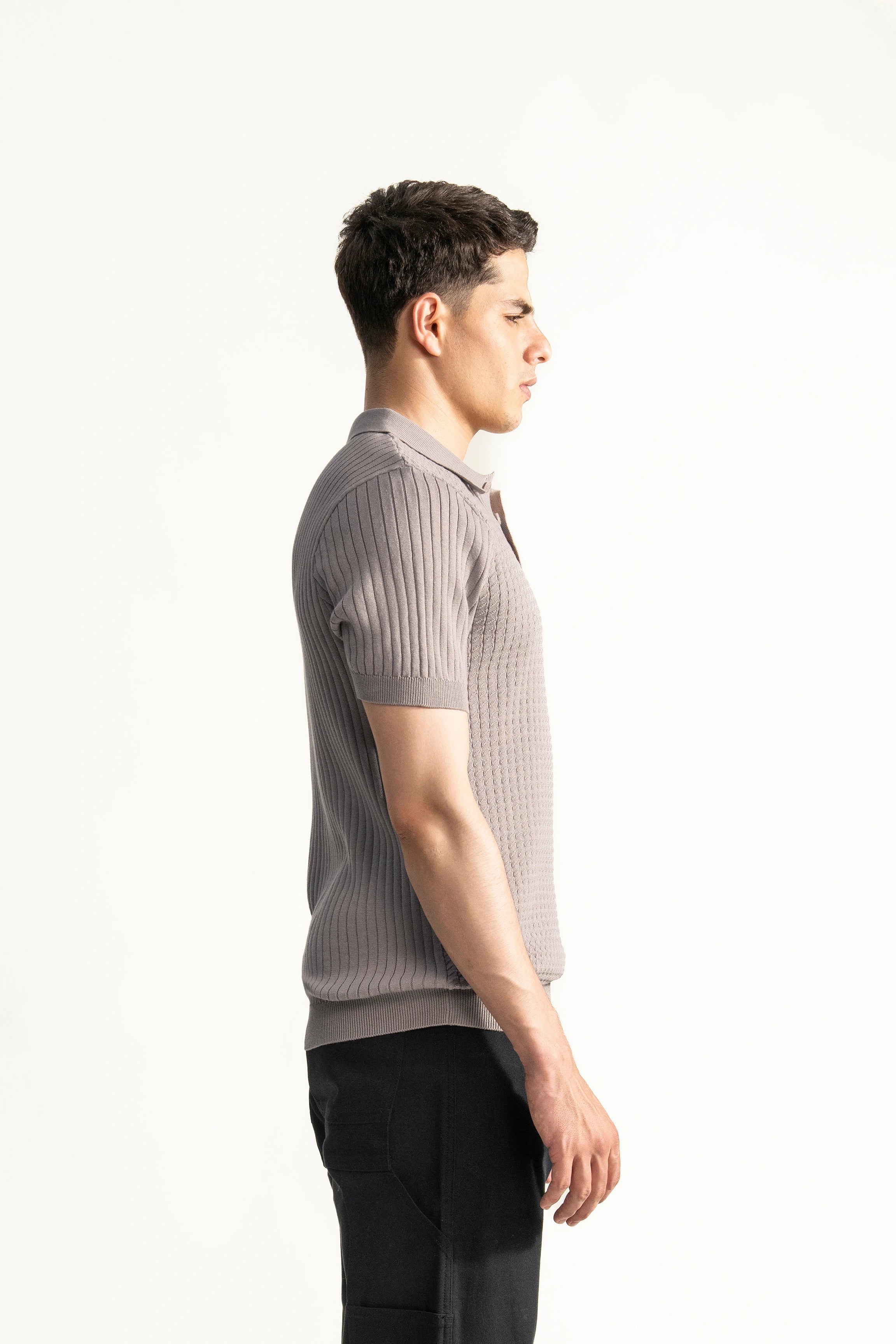 SWEATER KNIT SELF TEXTURED POLO KHAKI