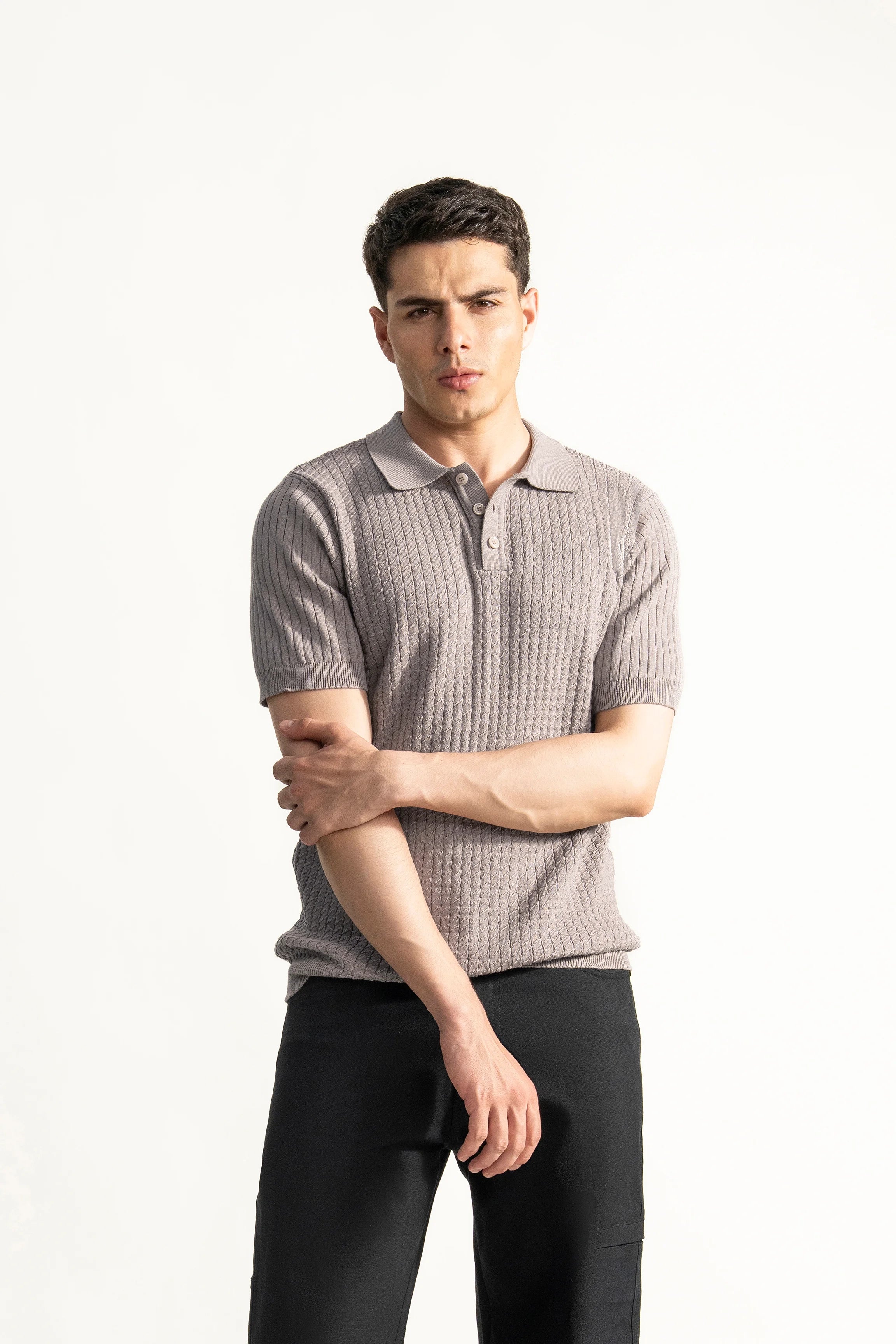 SWEATER KNIT SELF TEXTURED POLO KHAKI