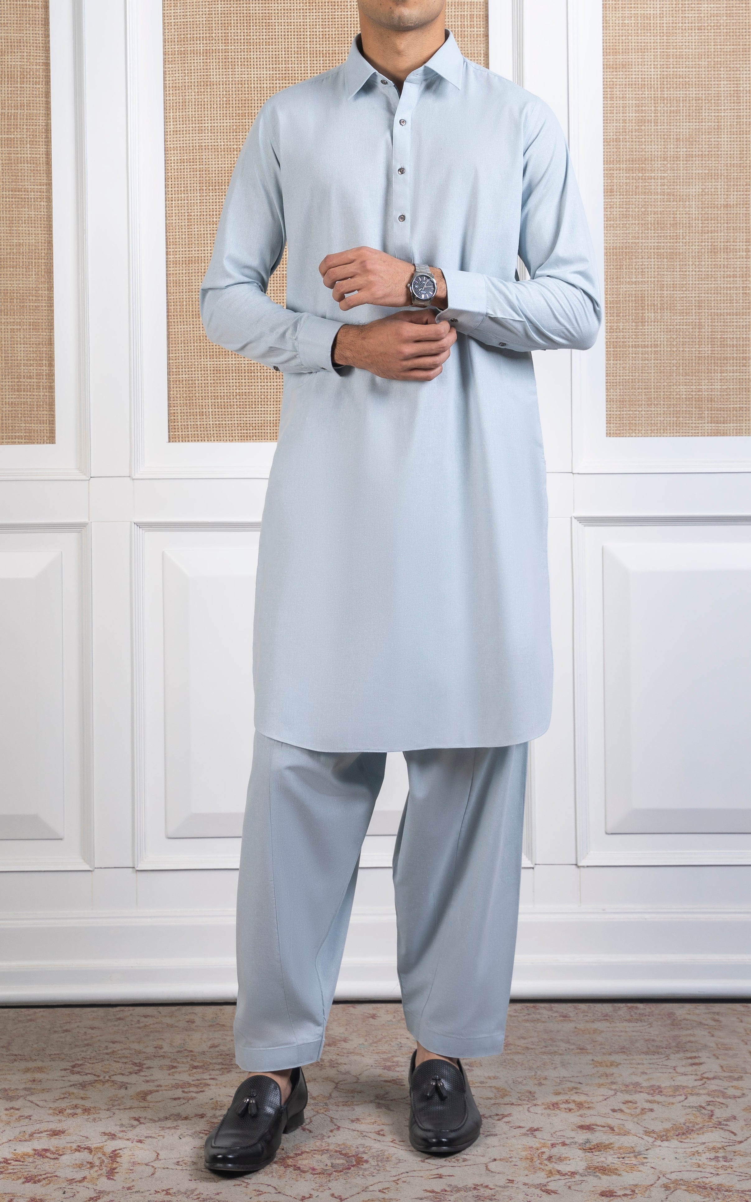 COTTON KARANDI KAMEEZ SHALWAR -CLASSIC COLLECTION ASH GREEN