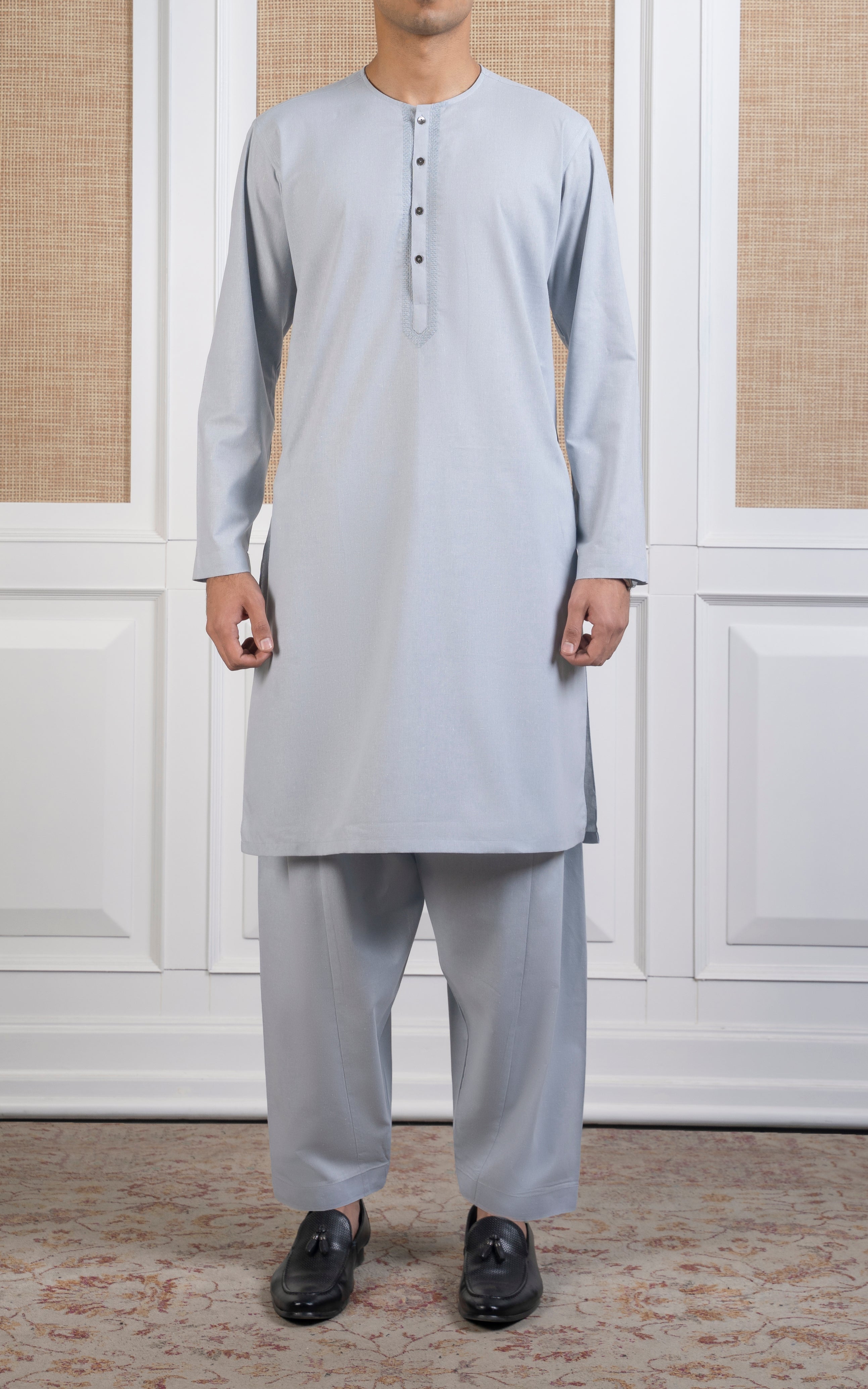 COTTON KARANDI KAMEEZ SHALWAR - CLASSIC COLLECTION LIGHT GREY