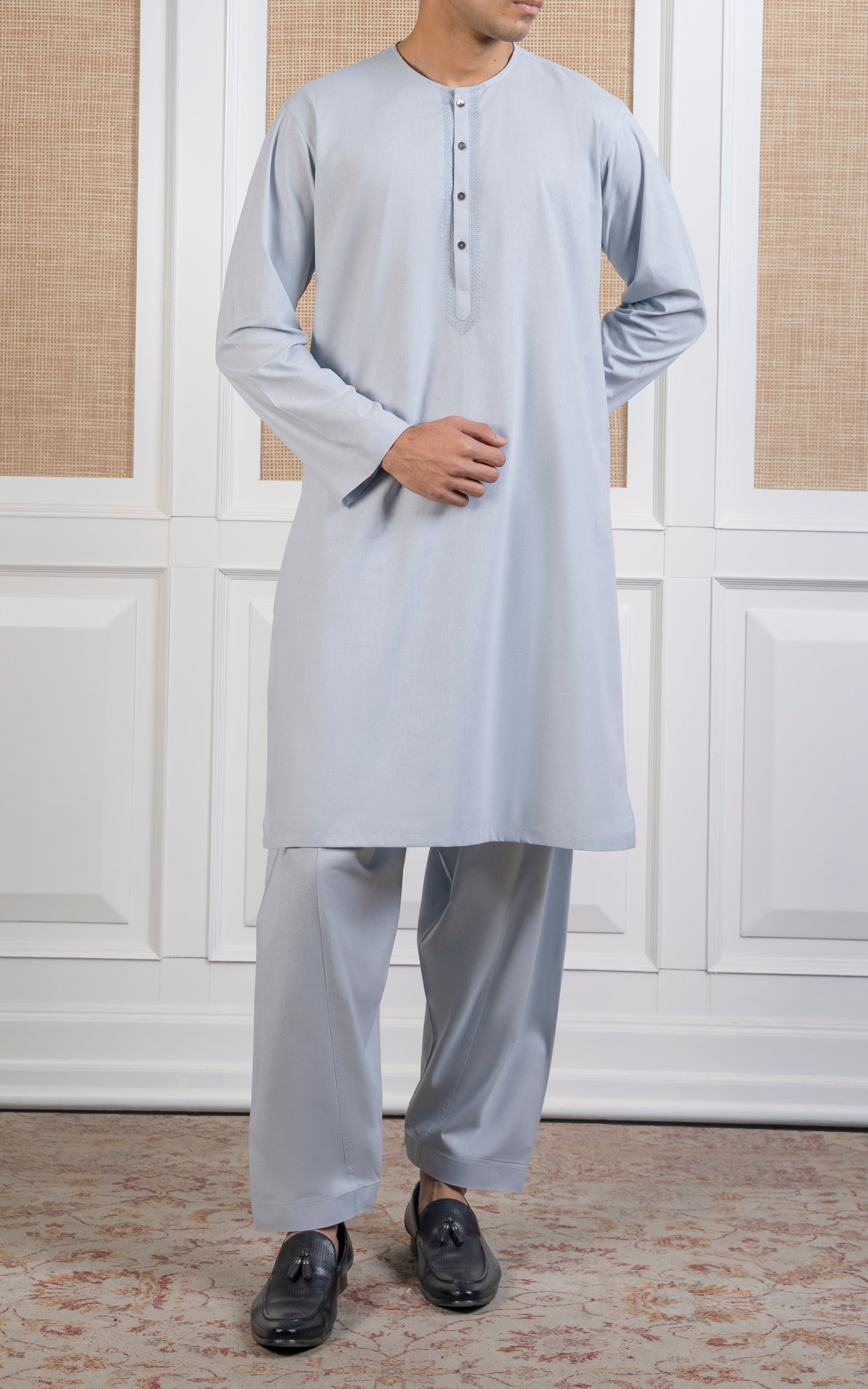 COTTON KARANDI KAMEEZ SHALWAR - CLASSIC COLLECTION LIGHT GREY