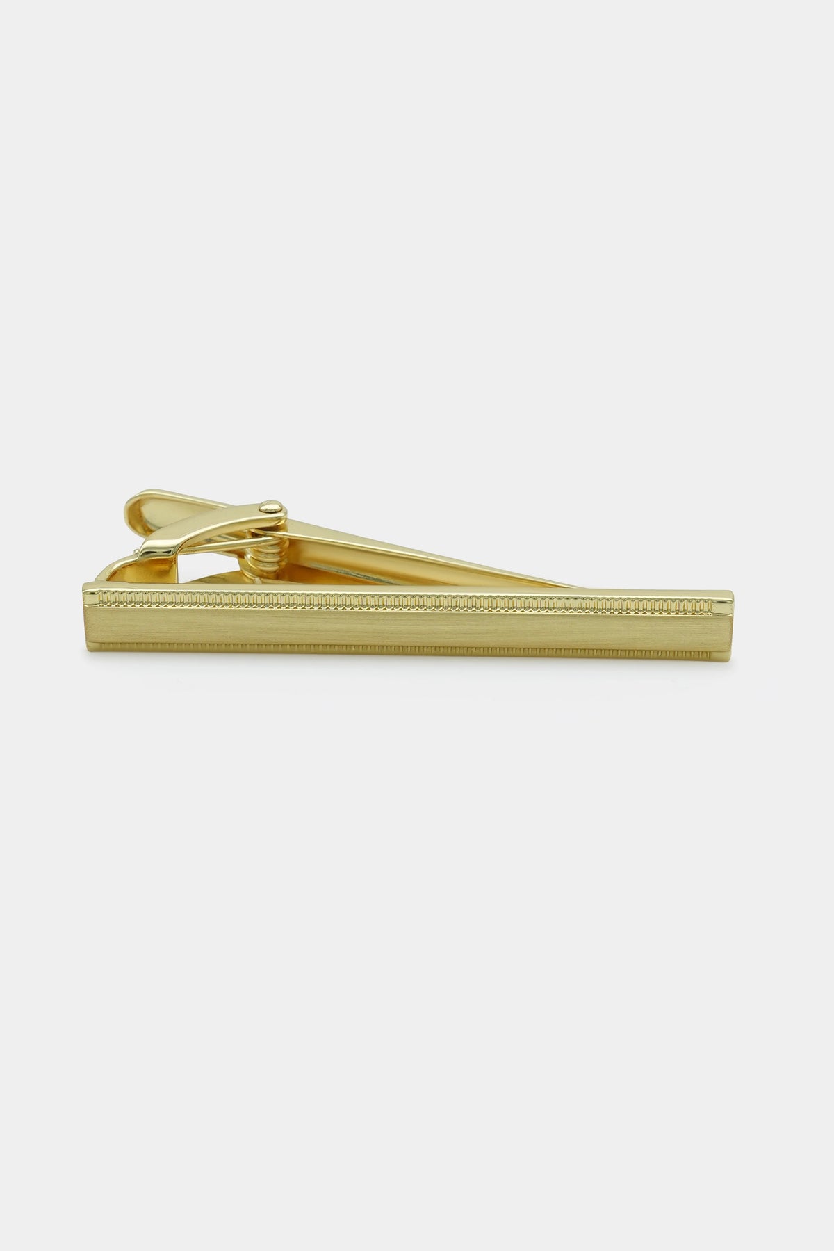 Gold tie pin with bar and clasp, side view with open hinge.