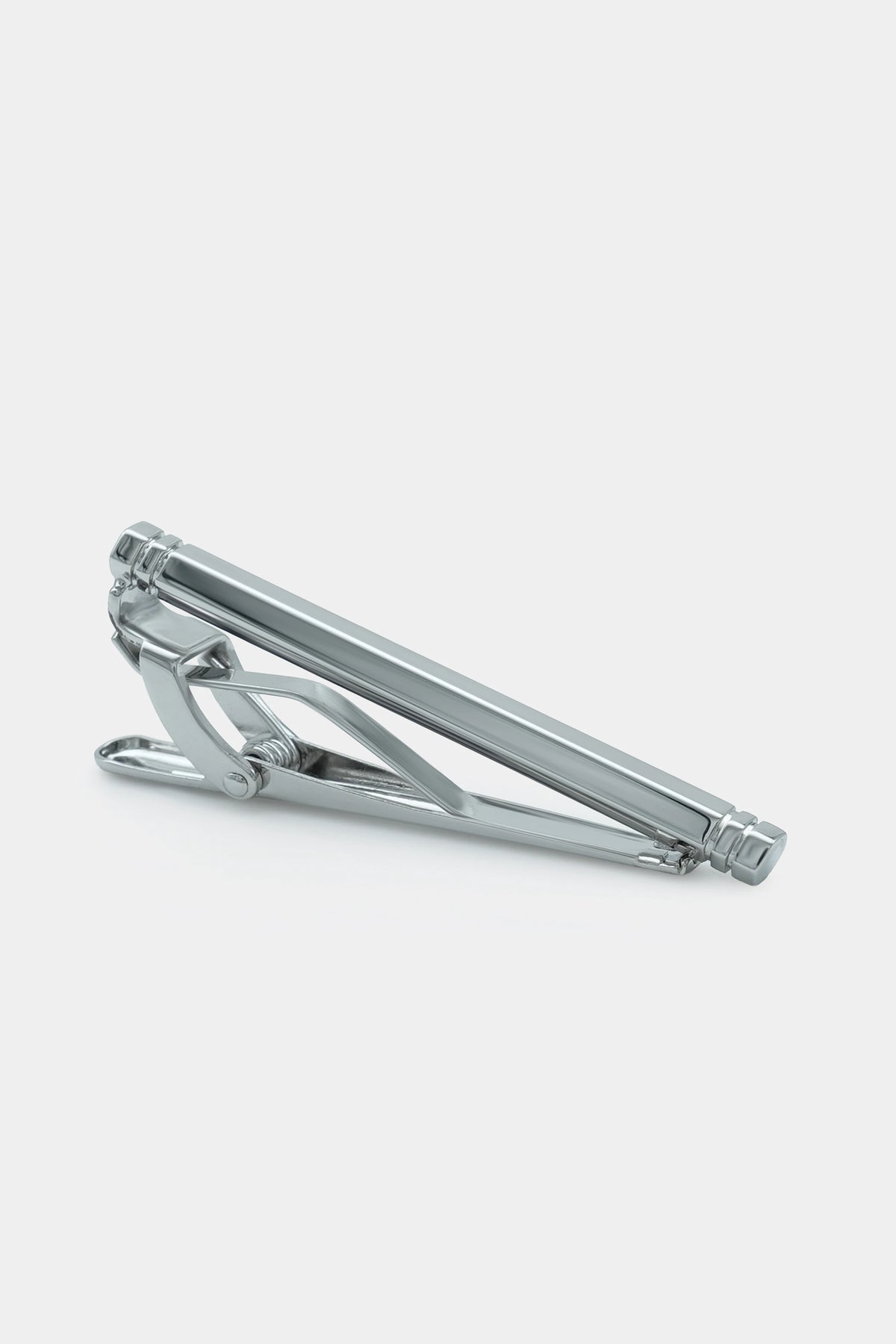 Silver tie pin with hinged clasp and bar, polished metal finish