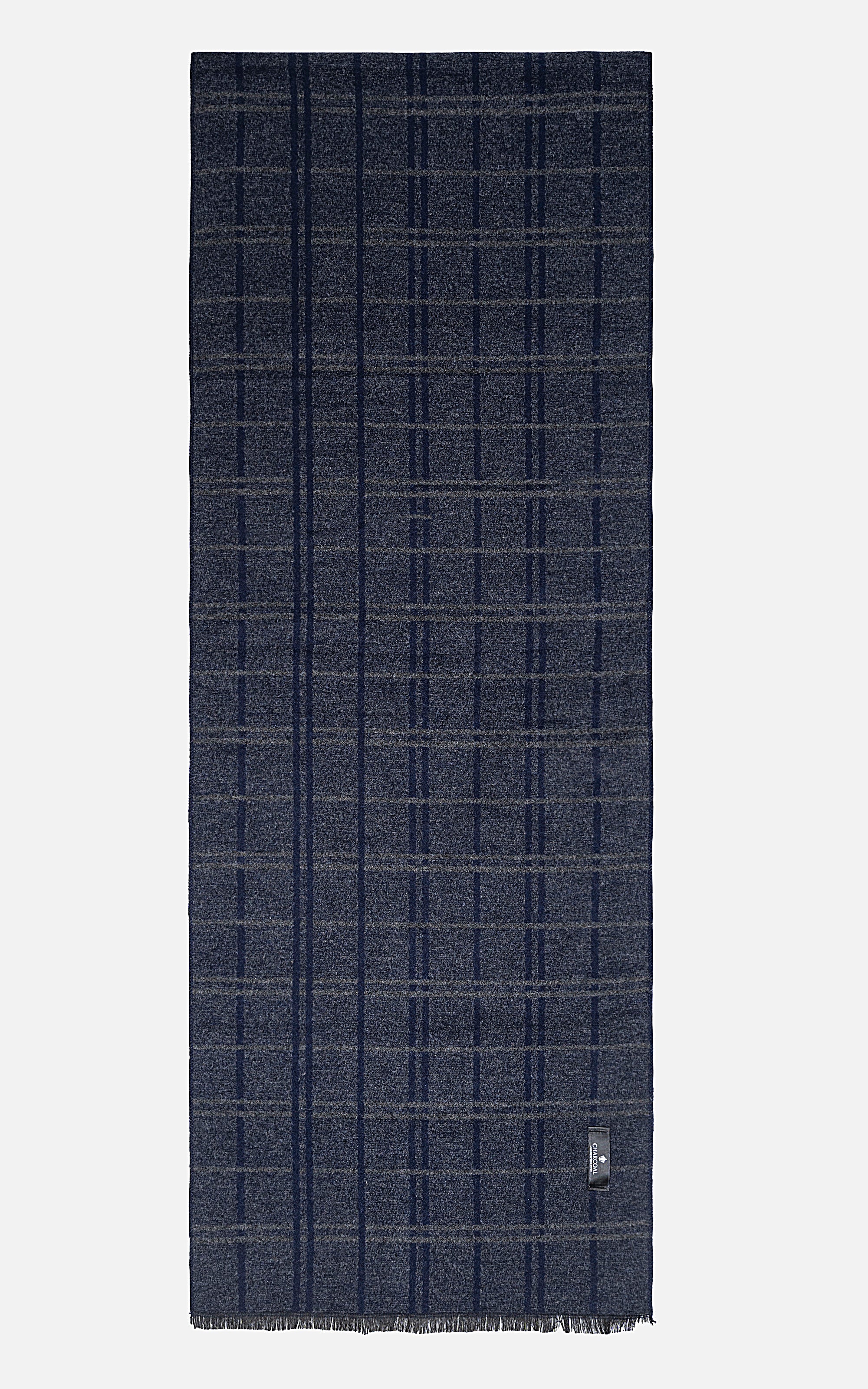 Dark blue plaid scarf with narrow woven grid pattern
