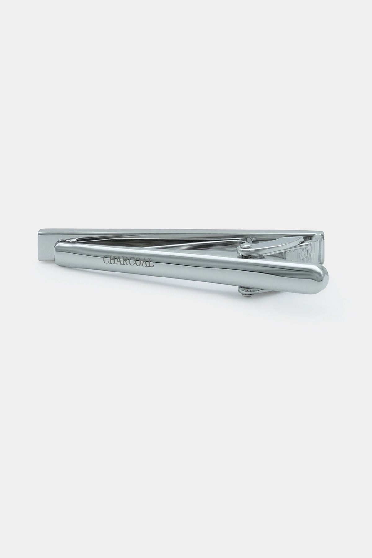 Silver tie pin bar with 'CHARCOAL' engraving and swivel clasp