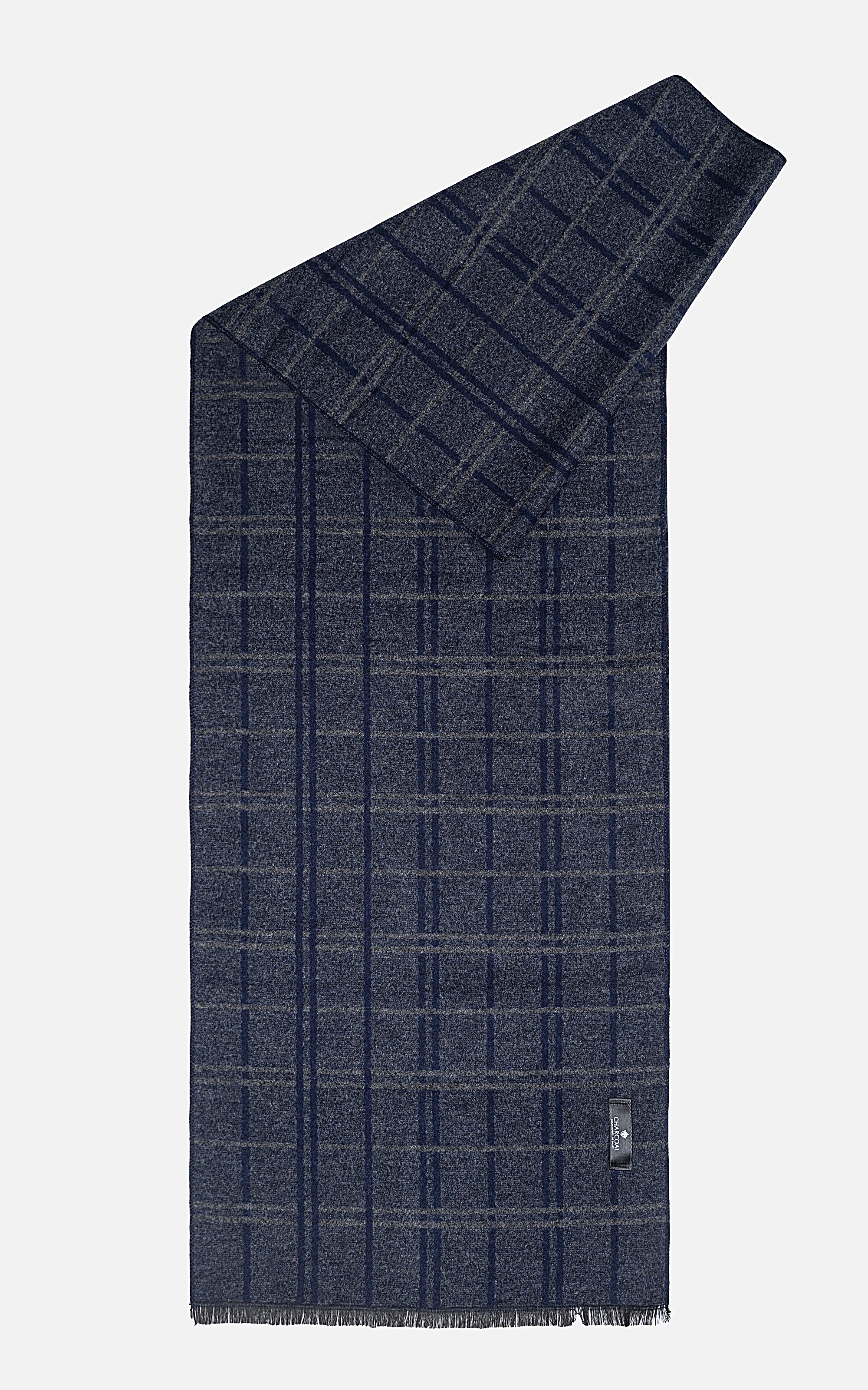 Dark blue plaid scarf with fringe ends
