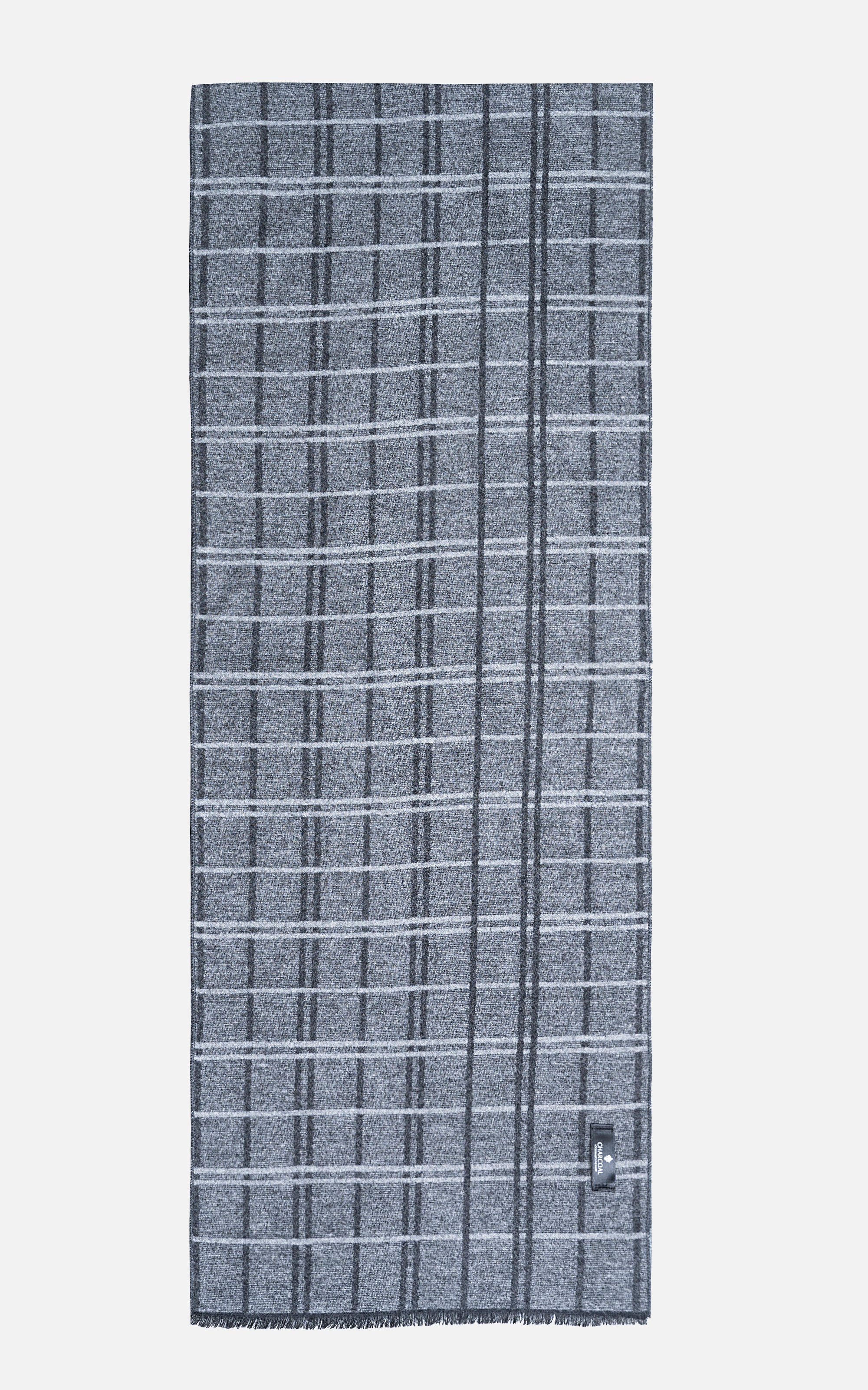 Plaid scarf in dark blue-gray with light grid lines and frayed edge