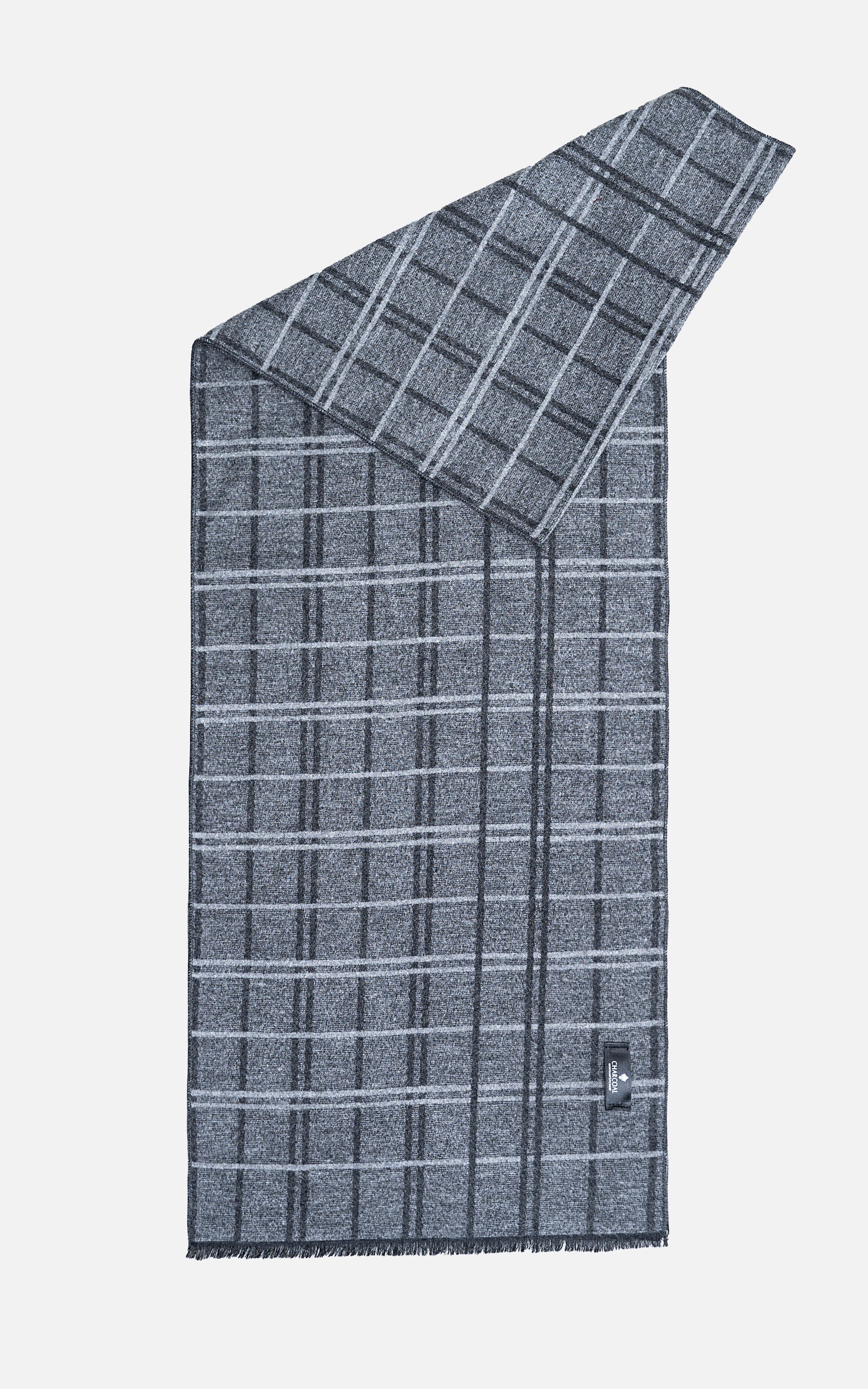 Plaid scarf folded at one corner, dark blue-gray with light grid stripes and frayed hem