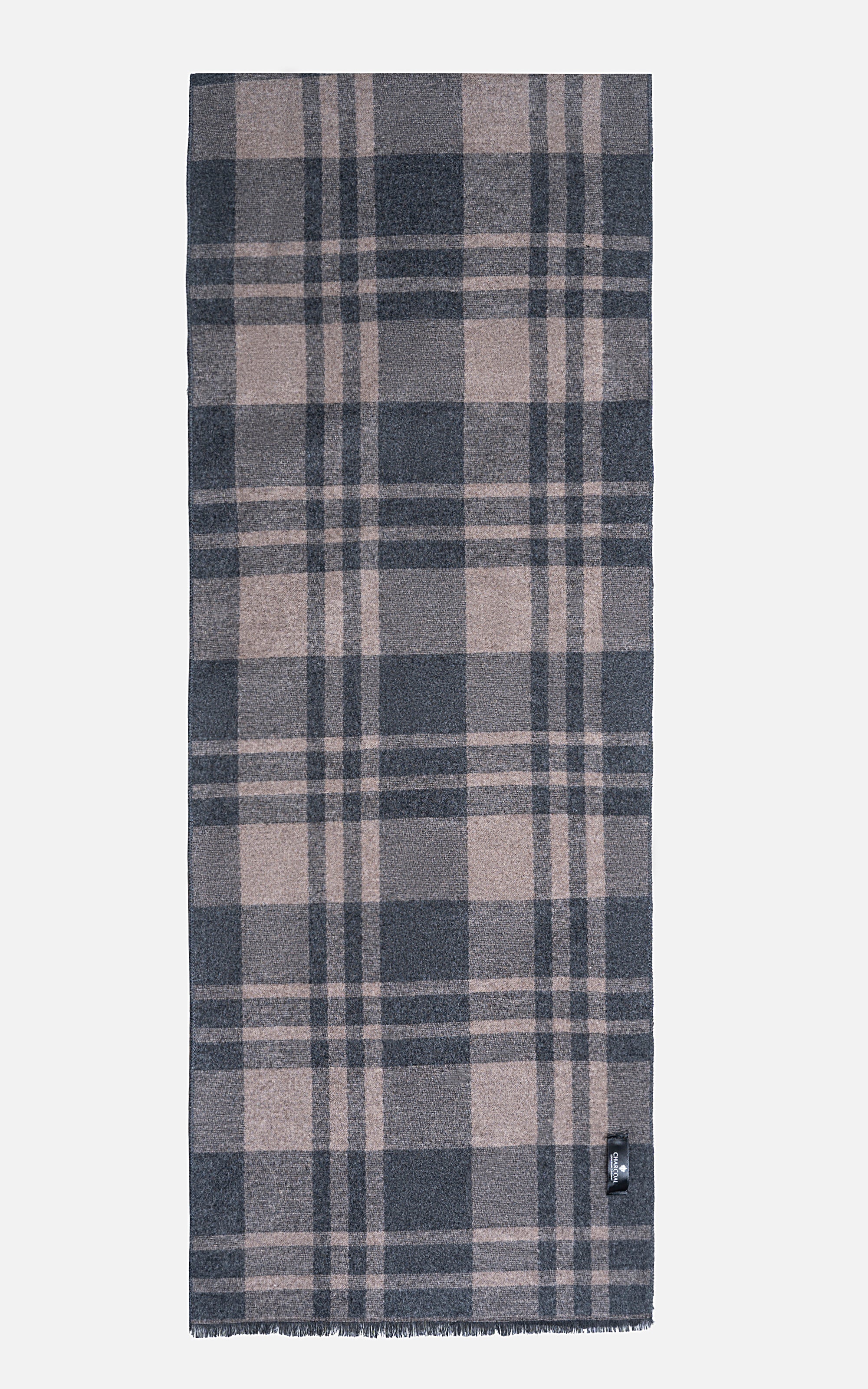 Plaid scarf in dark and beige checks with fringed edge and small metal tag