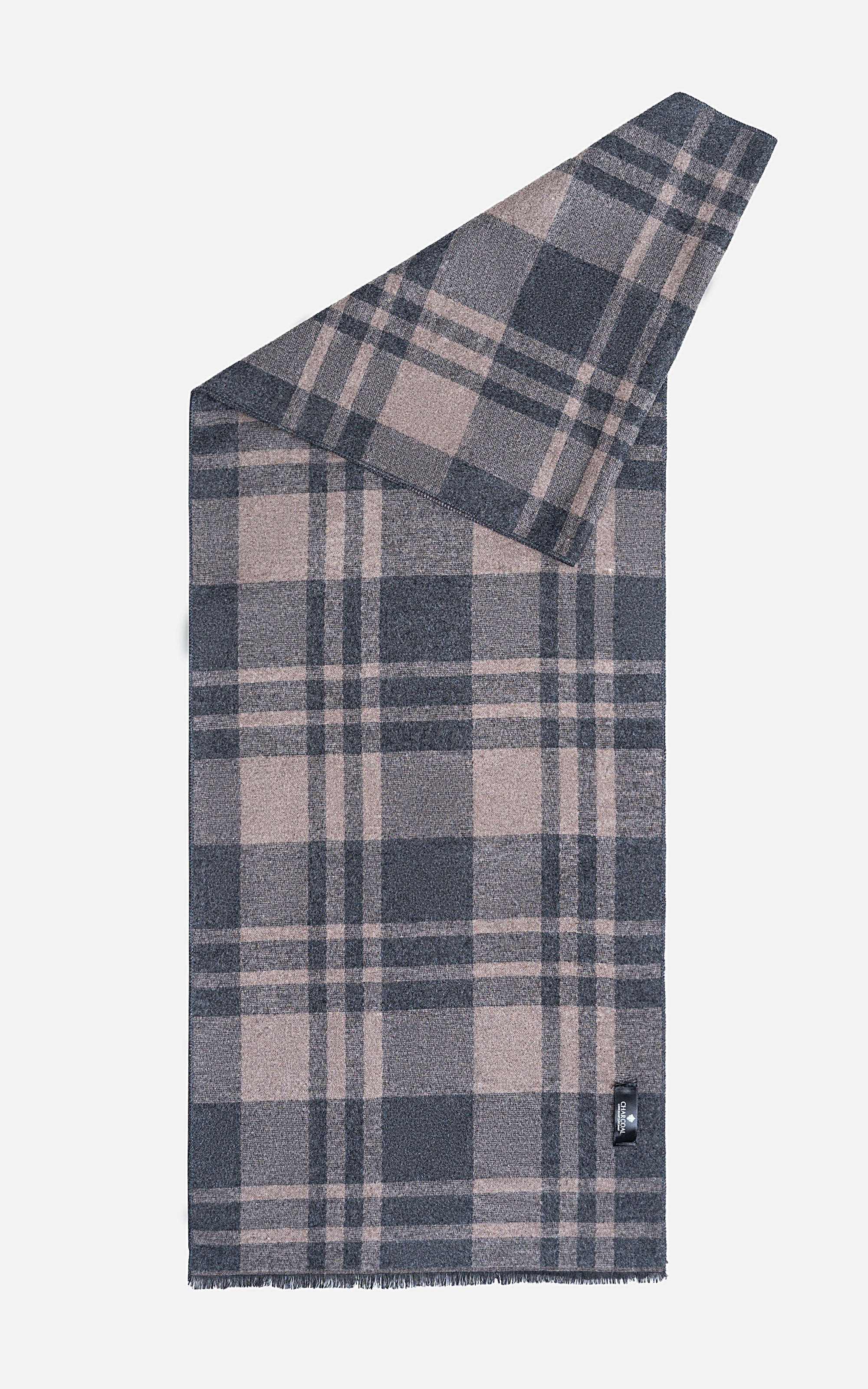 Plaid scarf with dark navy, gray, and beige checks; angled fold with two metal snaps