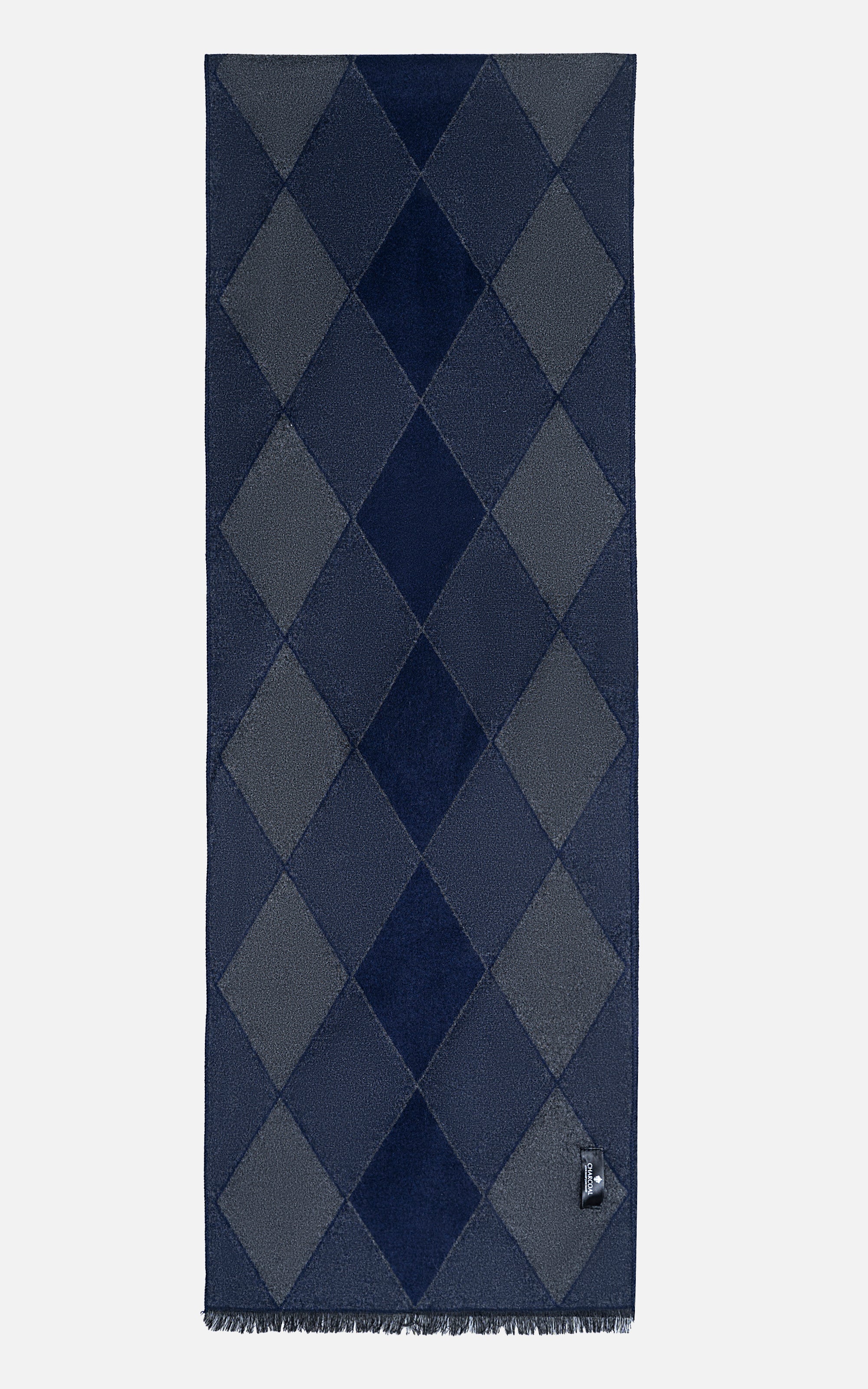 Navy argyle diamond scarf with fringed hem and woven logo label
