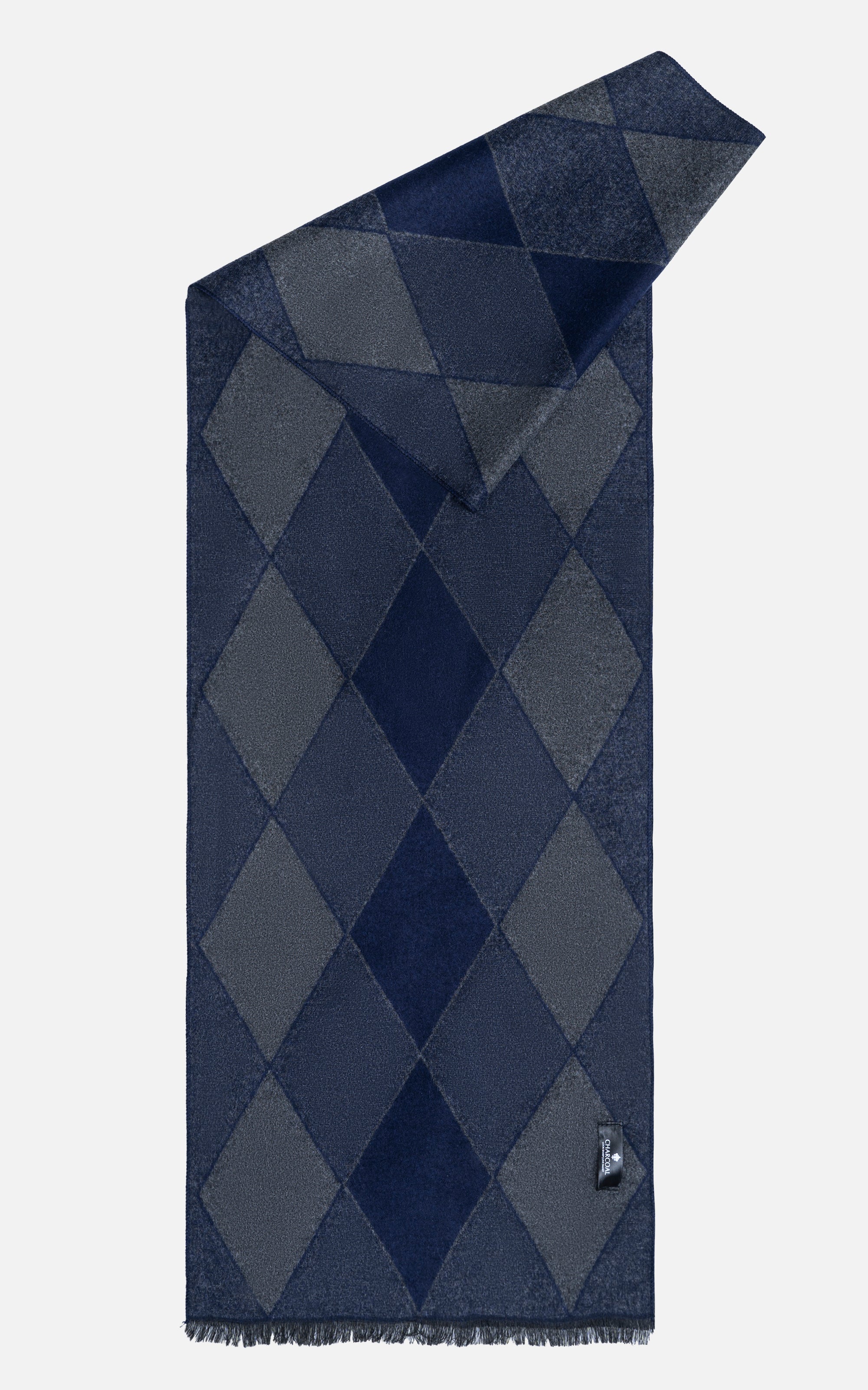 Blue diamond argyle scarf with fringed ends and small logo tag
