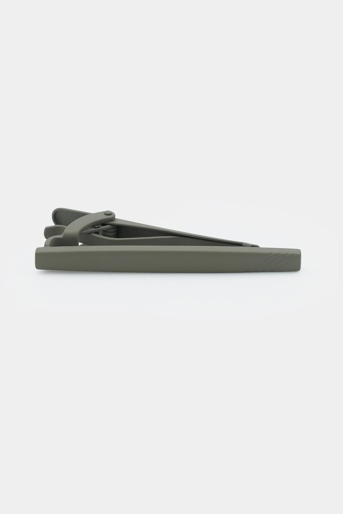Charcoal tie pin bar with hinged back, shown from side