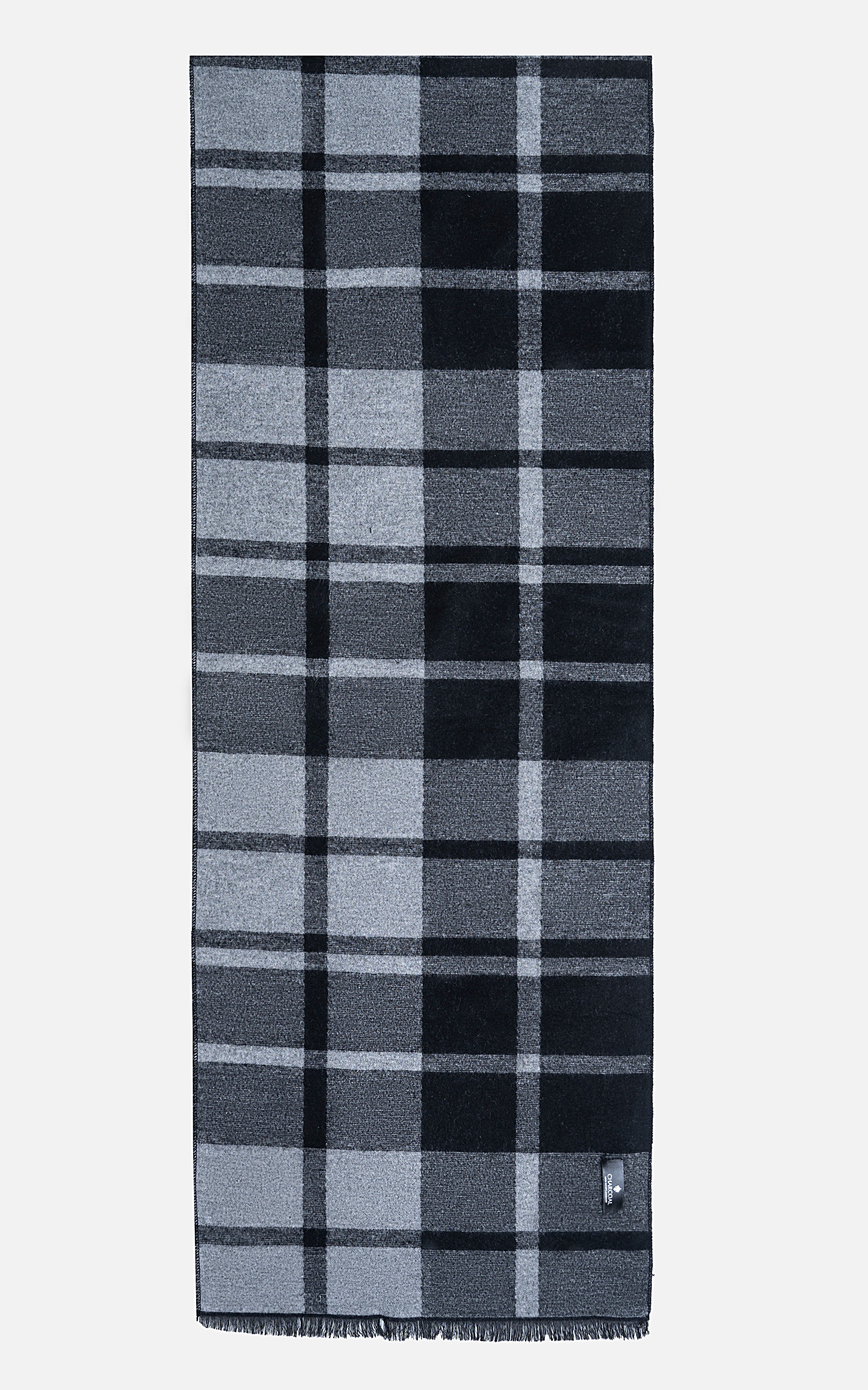 Plaid scarf in dark gray and light gray with fringe ends