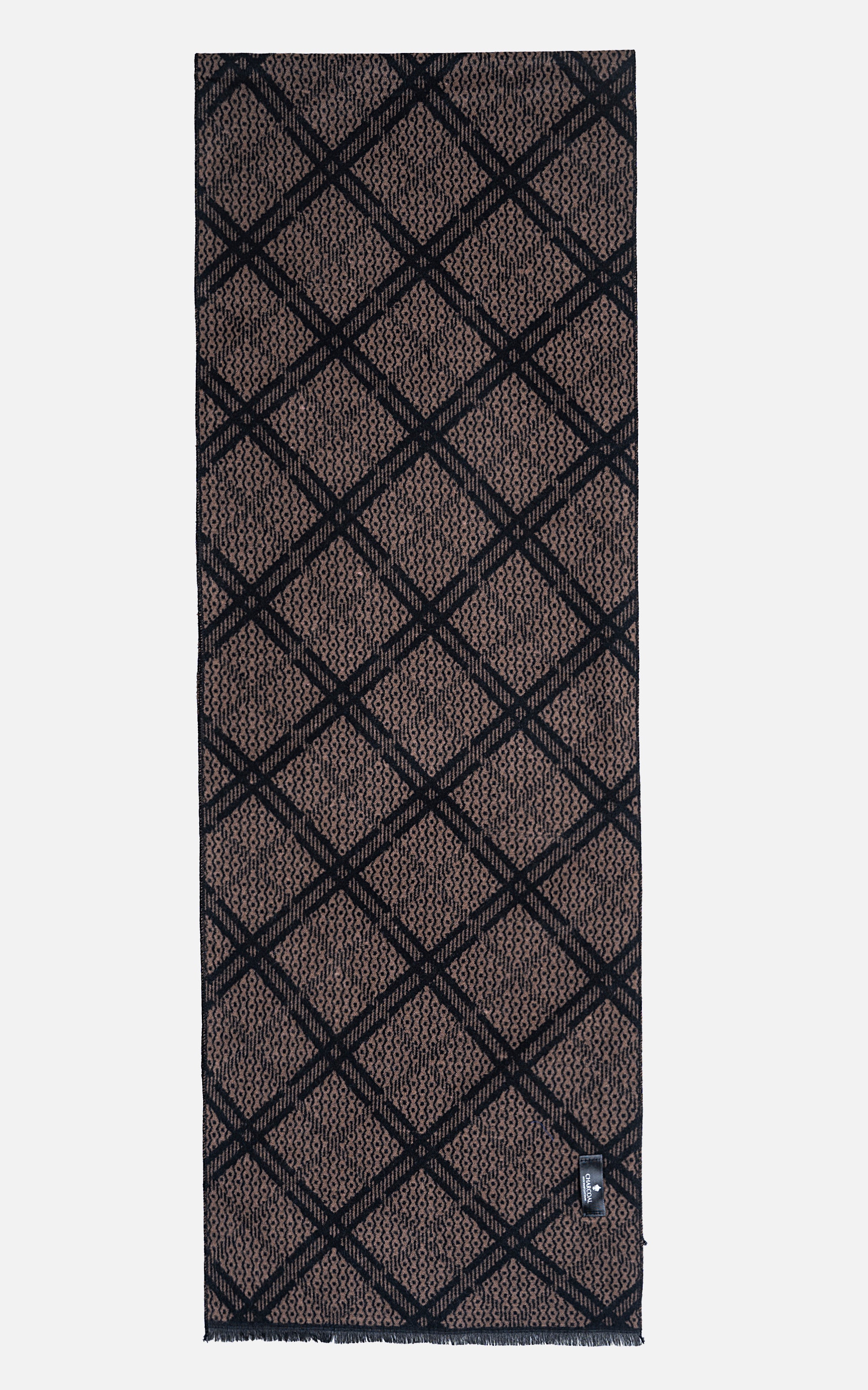 Brown scarf with dark navy grid pattern and fringed ends
